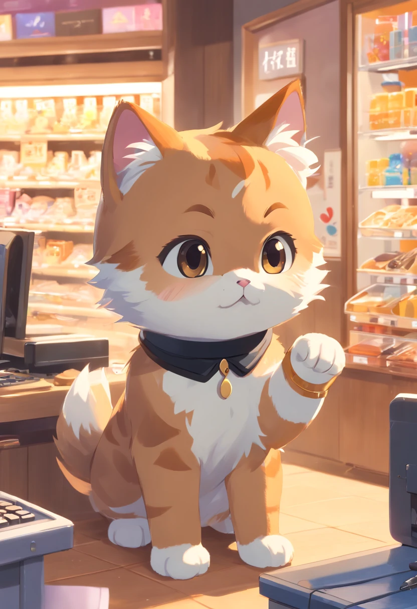 Little cute isometric cat emoji, Tuxedo jack, calico cat, hairy pubic,cute big breasts, Pet shop background, soft and muted colors, 3d icon clay rendering, Spring: 120mm, 3D blender rendering, trending on polycount, modular constructivism, Orange background, physically-based renderingt, The kitten in the middle raised her hand,(((((Embarrassing)))))