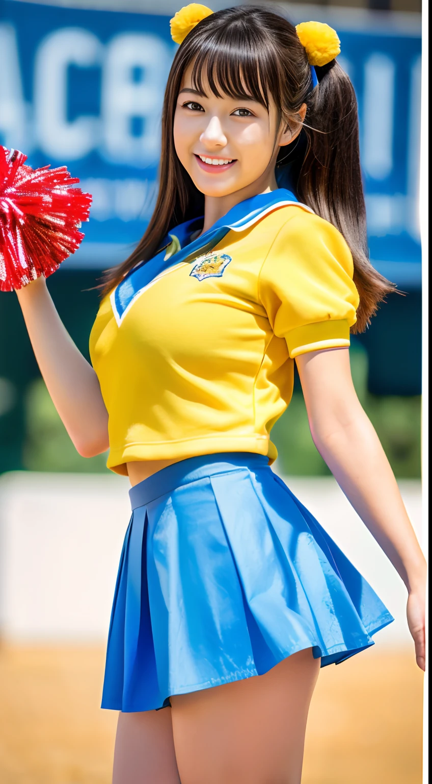 (Best Quality, master piece, Ultra high resolution, (Photorealsitic:1.4), Raw photo, extremely detailed), cowboy shot, (1girl, 18-years-old, cheerleader), (Highkick, Raise her right foot toe so high, Beautiful right foot toe and right leg, The inside of the shiny right thigh), (yellow Cheerleader Uniform, yellow pleated mini skirt, Holding pom-poms in both hands), amazingly cute smile, extremely cute face like a Japanese famous idol, detailed face, detailed hair, detailed body, detailed hands, detailed arms, detailed legs, detailed thighs, detailed toe