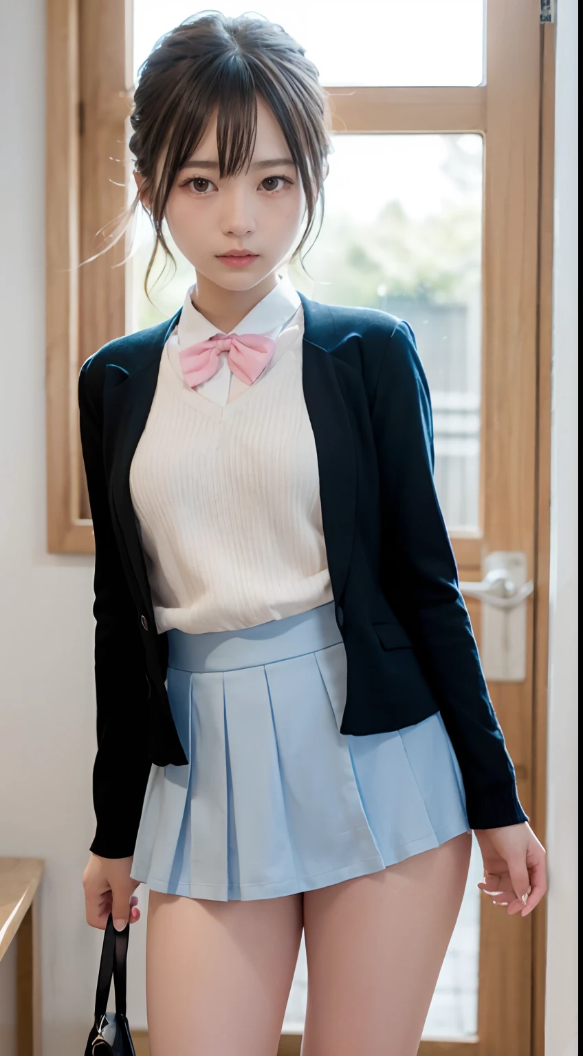 a closeup, masterpiece, top-quality, FULL ANATOMY、Raw foto, Photorealsitic、(Cute little face:1.5)、(Very cute smile:1.6)、(with round face:1.9)、(She has a cute face like an idol、double tooth:1.3)、(Tokusatsu Pink、Uniform-style Pink Ranger:1.6), depth of fields, hight resolution, ultra-detailliert, finely detail, ighly detailed, extremely detailed eye and face, Realistic pupils, foco nítido, Cinematic lighting、19-year-old woman、(One lady、独奏)、 (A dark-haired、poneyTail)、Curly hair、Patsun bangs、Very detailed 8k wallpaper、Plaid pleated skirt、Show me your whole body、(Plump panties:1.2)、Cute panties in light colors、White Sox、(Panties are visible from the skirt、Lift the hem of the skirt with both hands、Showing her panties to the camera、The panties are digging into the pubic area.、Streaks are visible)、is standing、Angle from below、(Thigh close-up)、(good proportion、a large bust、big breasts thin waist)、depth of fields、Bokeh in the background