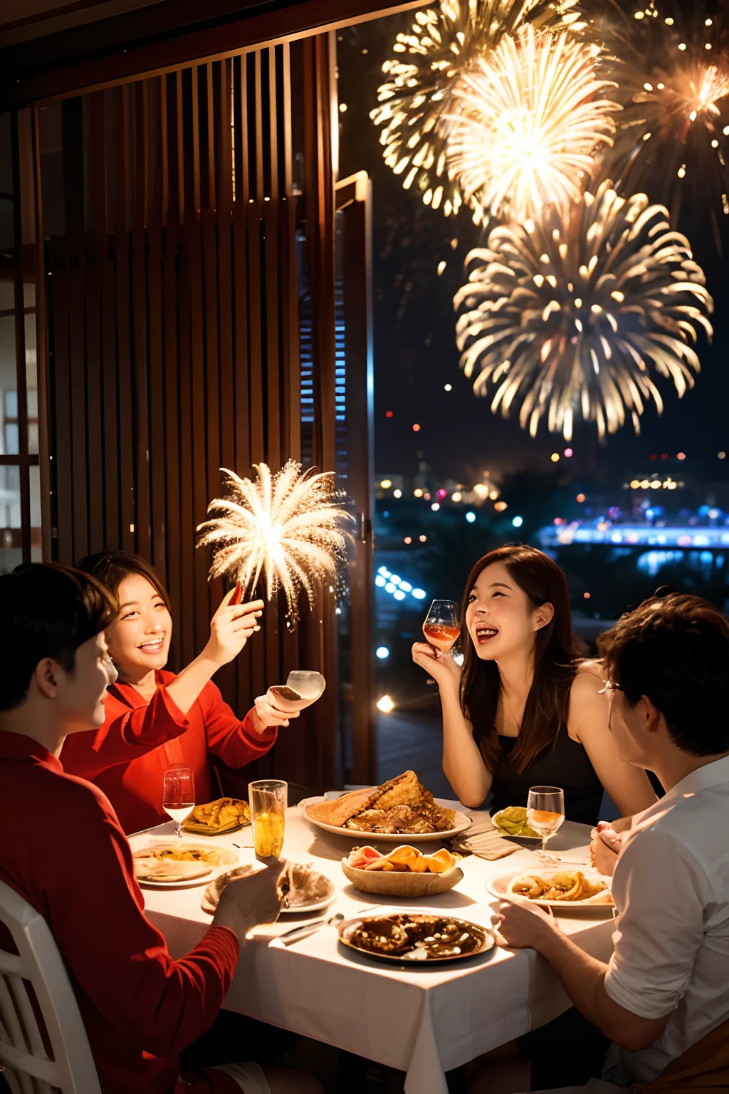 New Year's Day Carnival Eve,Reunion dinner,Fireworks are set off outside the door,Everyone raised their glasses,The dishes on the table are hearty,full of lights,Voices,Everyone laughs,8K quality,photorealestic
