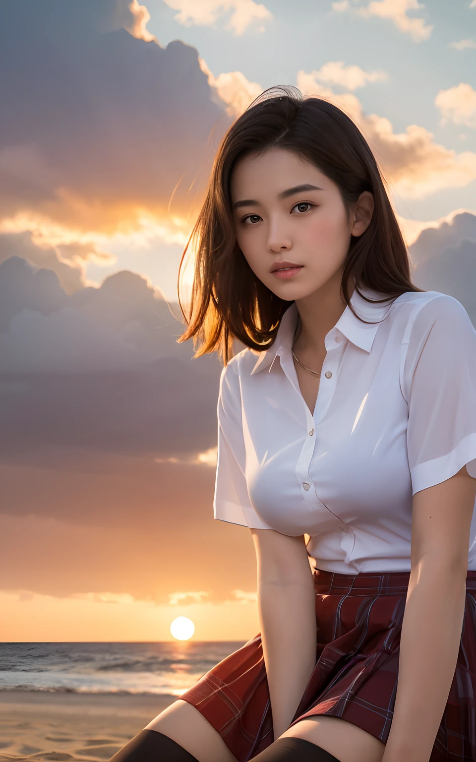 (highest quality,masterpiece:1.3,Ultra-high resolution),(Super detailed,Caustics,8k),(Photorealistic:1.4,RAW shooting),Japanese,23 years old,cute,Sitting,(A big smile),(Looking down at the camera),Black Hair Middle Hair,Big Breasts,White blouse,Knee-length skirt,Strong winds,Hair blowing in the wind,Rooftop,Backlight,Sunset,Sunset sky,(Cowboy Shot),(Thigh Focus:),(Thigh close-up),(Low position:1.3),(Low - Angle:1.3),Natural light
