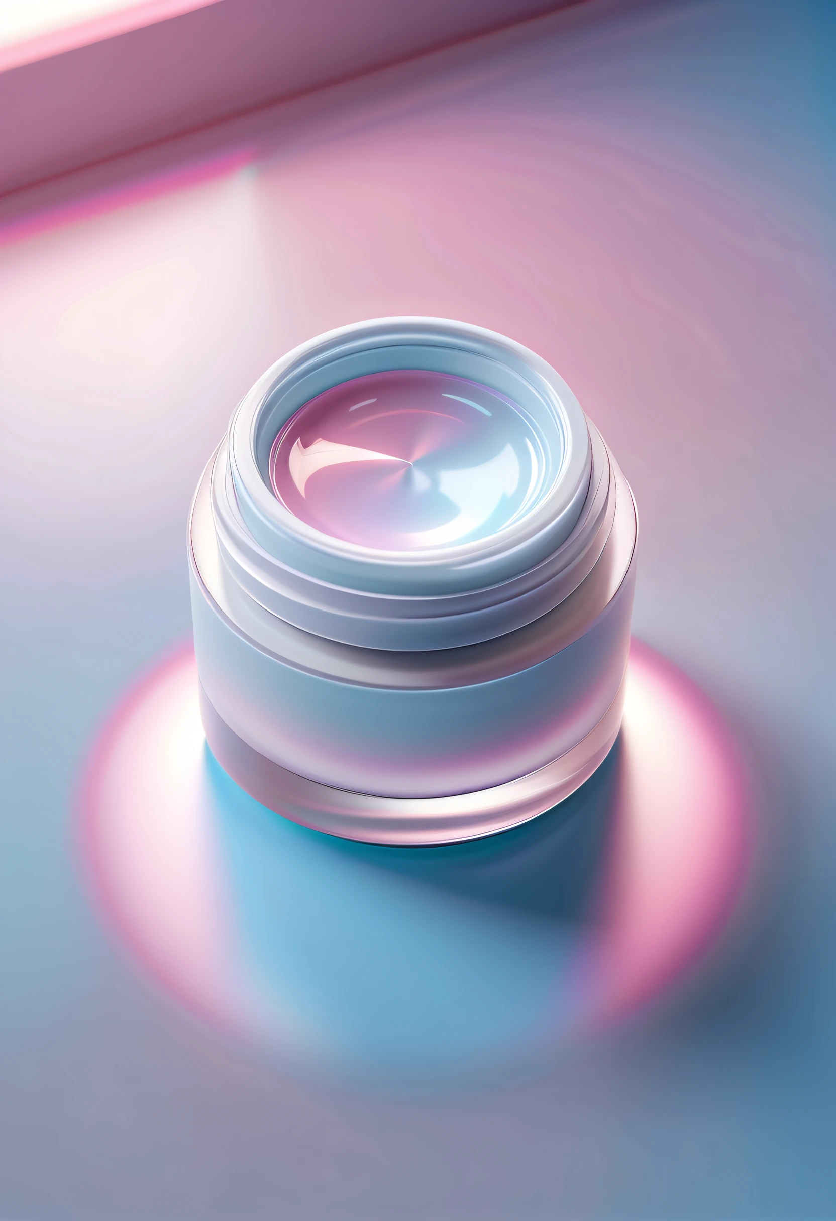 zelah Energizing Eye cream, soft diffused light,rendered in realistic hyper-detail style, on light blue and light pink floor,front view, the low-angle shot,in booru style, realistically depicting light, hologram, medicated core, pale white and silver, in the style of futuristic digital art, color gradient, isometric, light silver and light magenta, bloomcore, soft focus, bioluminescence，soft edges and blurred details, striking, Fujifilm natura 1600,,Focal length 18mm,16k