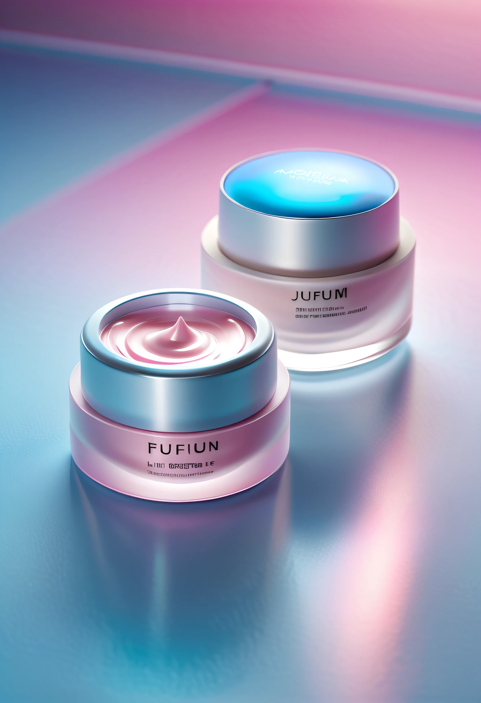zelah Energizing Eye cream, soft diffused light,rendered in realistic hyper-detail style, on light blue and light pink floor,front view, the low-angle shot,in booru style, realistically depicting light, hologram, medicated core, pale white and silver, in the style of futuristic digital art, color gradient, isometric, light silver and light magenta, bloomcore, soft focus, bioluminescence,soft edges and blurred details, striking, Fujifilm natura 1600,,Focal length 18mm,16k