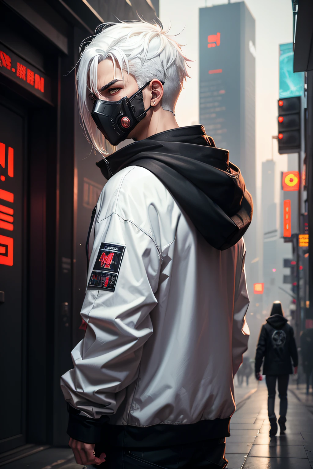 There is a man wearing a ghost mask and a black hoodie，showing his back, Hyper-realistic cyberpunk style，Digital cyberpunk anime style, white color, white hair