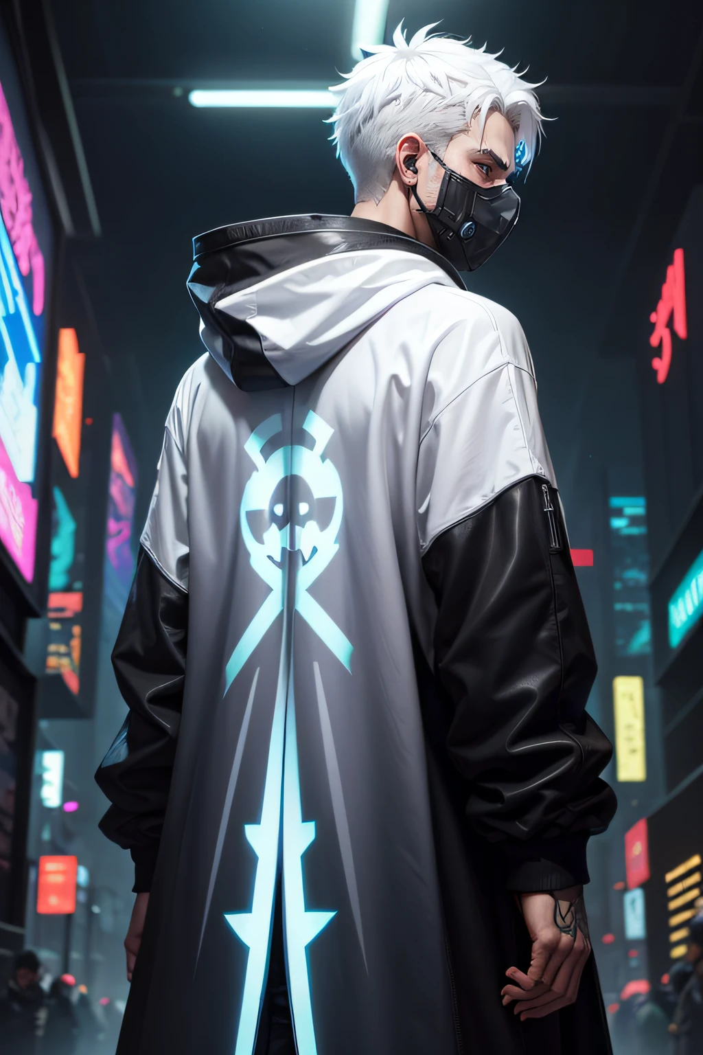There is a man wearing a ghost mask and a black hoodie,showing his back, Hyper-realistic cyberpunk style,Digital cyberpunk anime style, white color, white hair