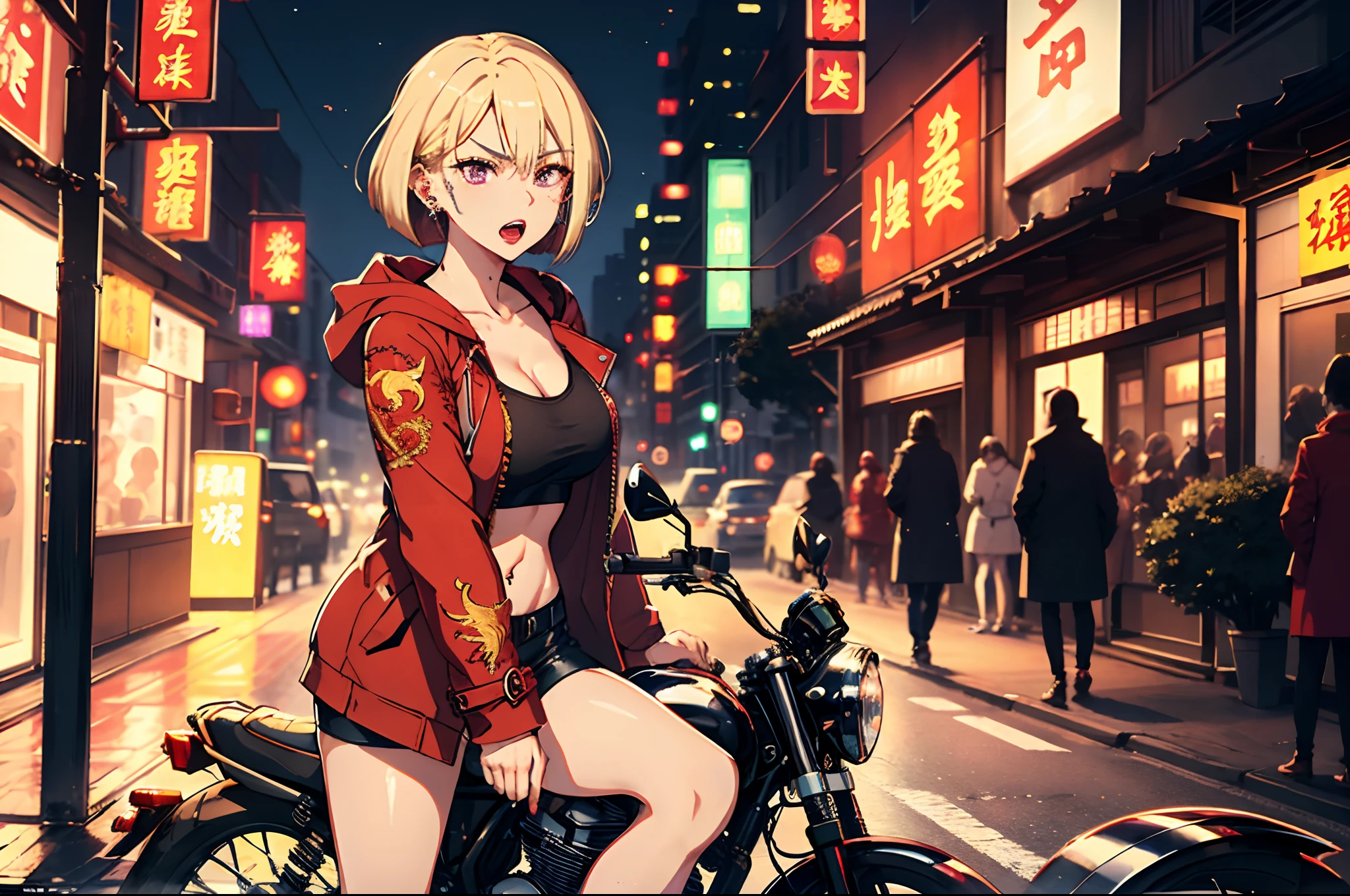 (​master piece:1.4),ultra-quality, Hyper Detailed,Perfect drawing,3D Photography,16K illustrations、(((clearface)))、((Hi-Res))、1 persons、femele、(((Riding a motorcycle)))、(((a blond)))、(((a short bob))),The tattoo、(((Whitening skin)))、((Violet lipstick))、(Raised corners of the eyes)、((Outrage:1.1))、((chin raised))、(((opens his eyes wide)))、((despise:1.2)),((glares:1.2))、((Big open mouth:1.2))、(((Shout loud:1.3)))、((Wrinkles between the eyebrows))、(numerous piercings in the ears), BREAK (Red Theme:1.5), ((Red Outerwear, Oversized red pants, Red baggy pants): 1.4), (She wears a long red coat with dragon embroidery over a black tank top:1.5), ((cleavage, 鎖骨) :1.2), ((Navel, ankle):1.3), (Pump 1.2), (earrings:1.2), (Chinese charactersa, Chinese charactersa:1.2),((Old Style Motorcycle:1.3)),(scramble),((intersection))(((nocturnal)))、(Night)、in a street、(neon signs)、Bustling street、((Feeling of sprinting))、(((Dynamic Actions)))、Detailed drawing、(((Sense of speed)))