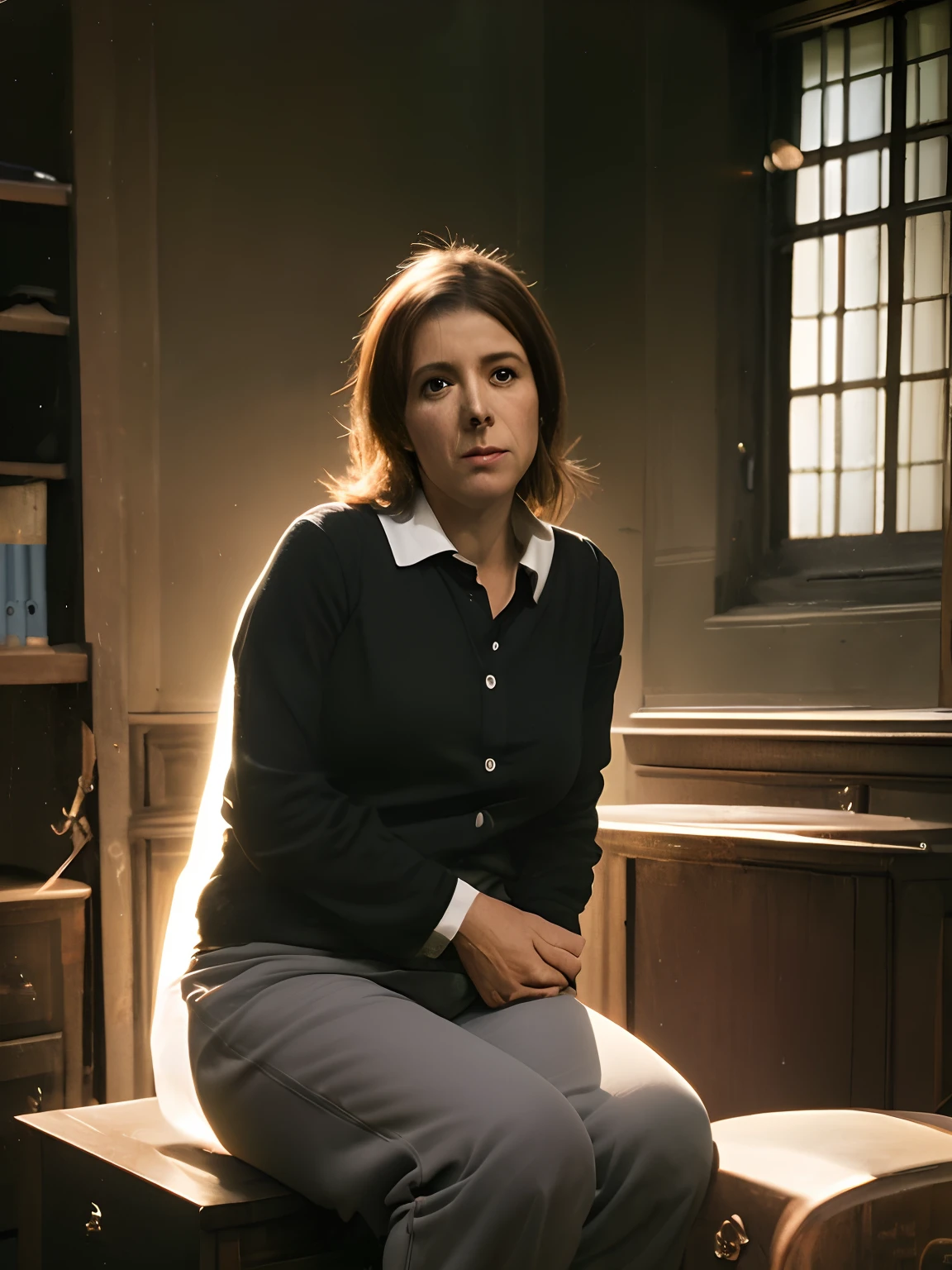 portrait d'une femme rouse de 48 ans, caleçon en coton, assise, (bureau privé sombre, vieux meubles, lumière sombre et maussade : 1.2)