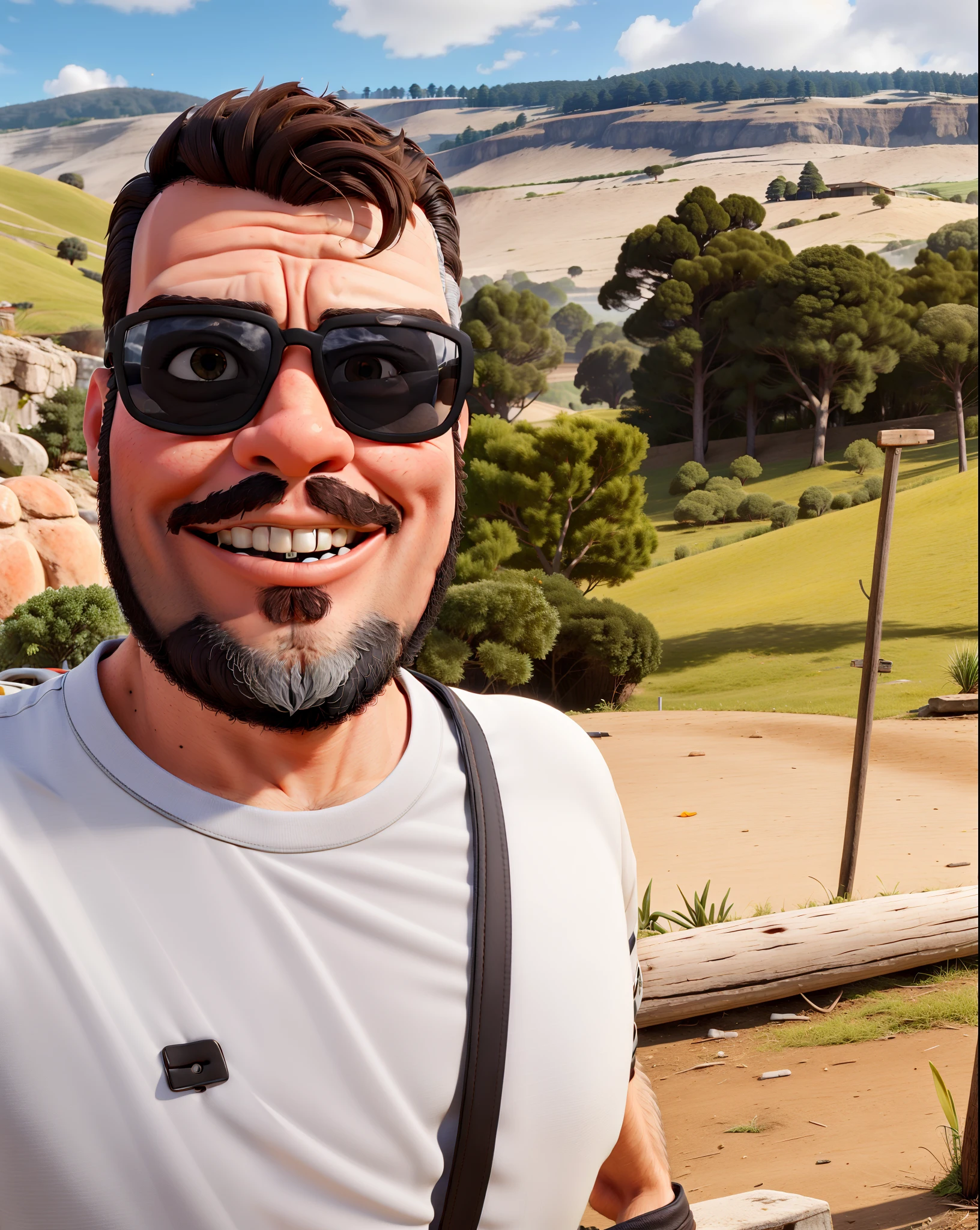 master part, best quality, um velho com barba branca e longos cabelos castanhos, vestindo uma jaqueta de couro e jeans preto, ao lado de sua motocicleta