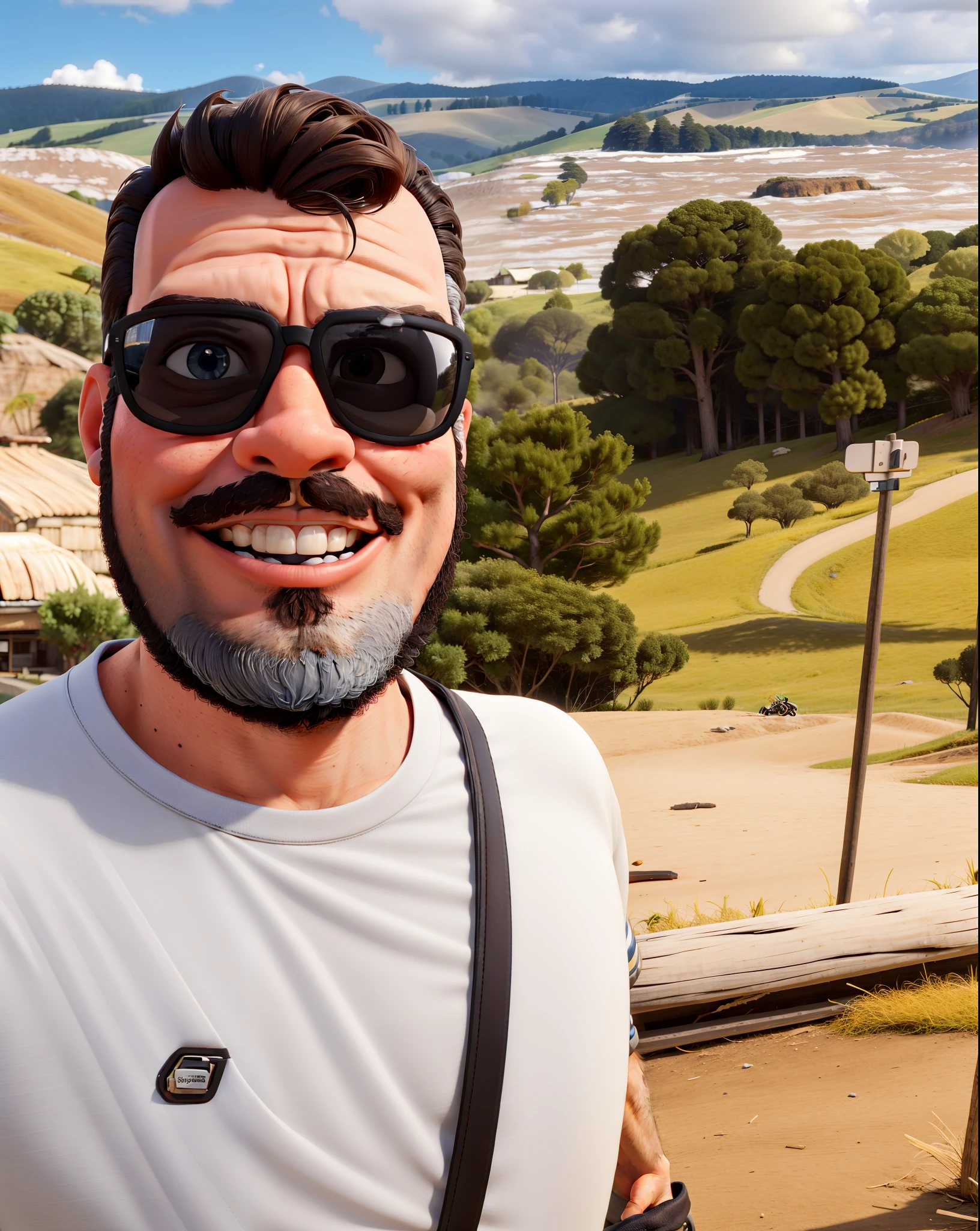 master part, best quality, um velho com barba branca e longos cabelos castanhos, vestindo uma jaqueta de couro e jeans preto, ao lado de sua motocicleta