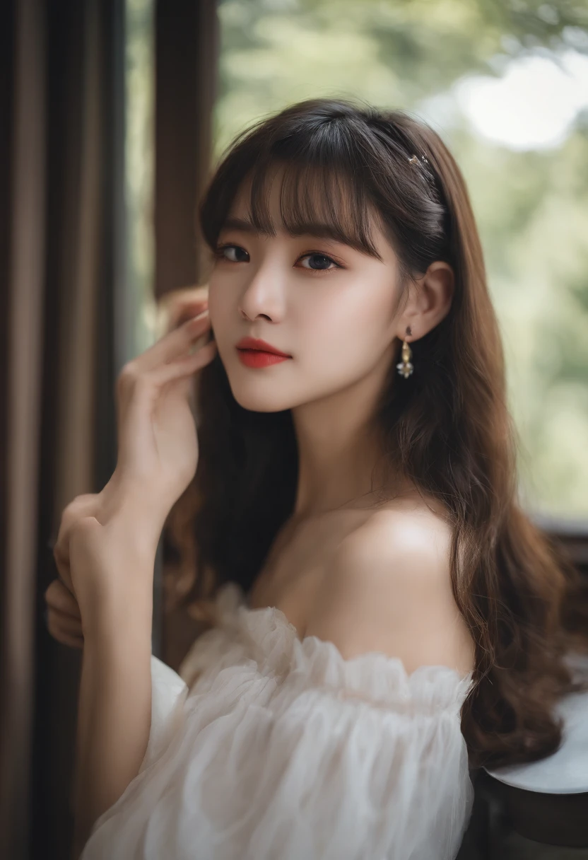 Photo Real、photoRealstic、top-quality　
Black long-haired、Lots of bangs、Hair bouncing outward、bouncing hair、Messy bouncing hair、beret、wetting hair、Drenched hair　The contours of the face are round、small mouth、a small face、drooing eyes、big eye、a baby face、Beautiful skin　maid clothes、Clothes with a collar、Clothes made of sheer fabrics、White miniskirt、a miniskirt、Skirt above the knee、
独奏、sixteen years old、153cm、hi-school girl、young body、skinny  body、Beautiful skins、Laughing、Laughing expression、Facial expressions to enjoy、Taking a selfie in front of the mirror using a smartphone