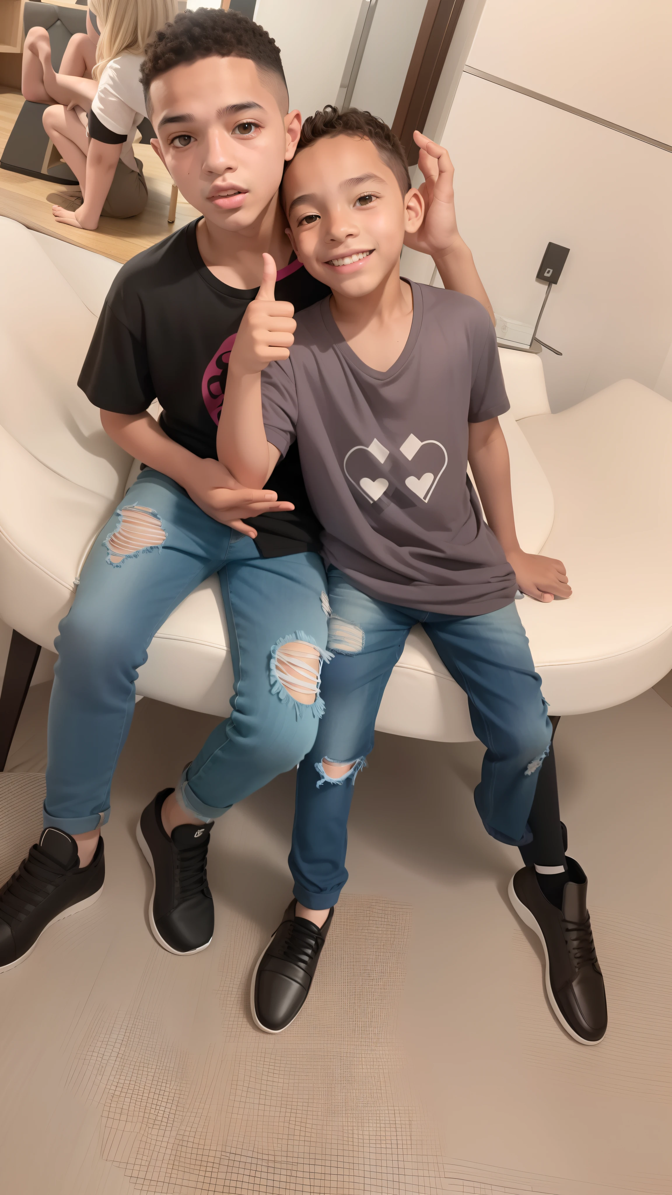 There are two boys sitting on a chair with their thumbs up, 😭 🤮 💕 🎀, 🤬 🤮 💕 🎀, cabrito, Pose legal, Directed by: Alexander Brook, with a kid, foto de perfil, Rapazes, foto colorida, pose divertida, chillin no clube juntos, Upload de alta qualidade, Directed by: Ivan Ranger, dois amigos sentados em uma sala, meninos bonitos e corpo levemente forte.