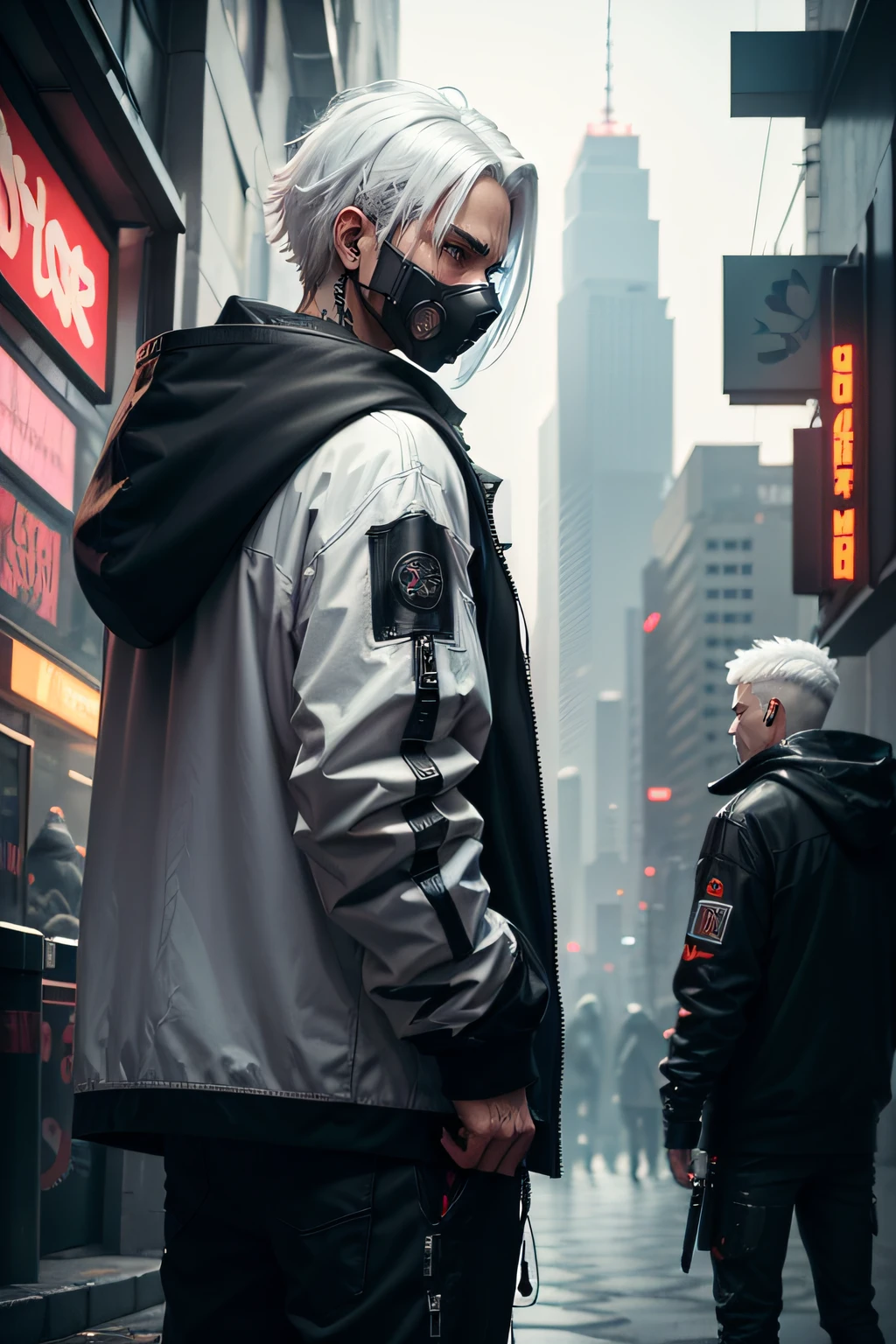 There is a man wearing a ghost mask and a black hoodie,showing his back, Hyper-realistic cyberpunk style,Digital cyberpunk anime style, white color, white hair
