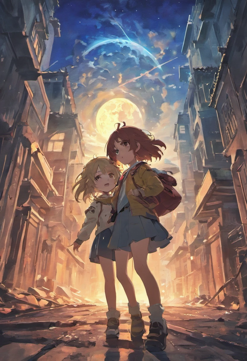 There is a big moon in the sky,There's a monster wreaking havoc on the city,ruins everywhere,A guy is protecting a girl