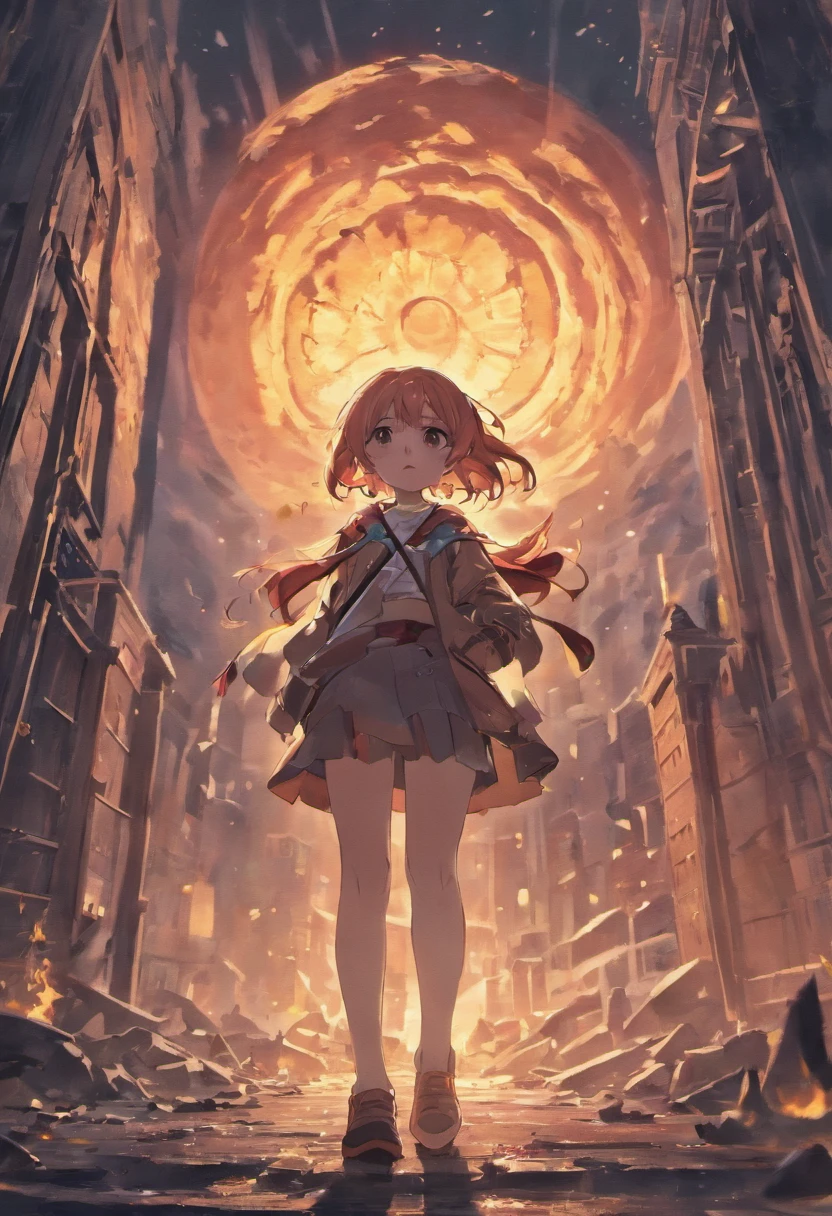 There is a big moon in the sky,There's a monster wreaking havoc on the city,ruins everywhere,A guy is protecting a girl