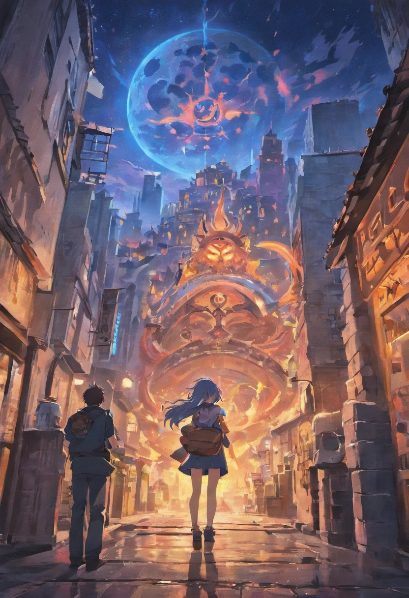 There is a big moon in the sky，There's a monster wreaking havoc on the city，ruins everywhere，A guy is protecting a girl