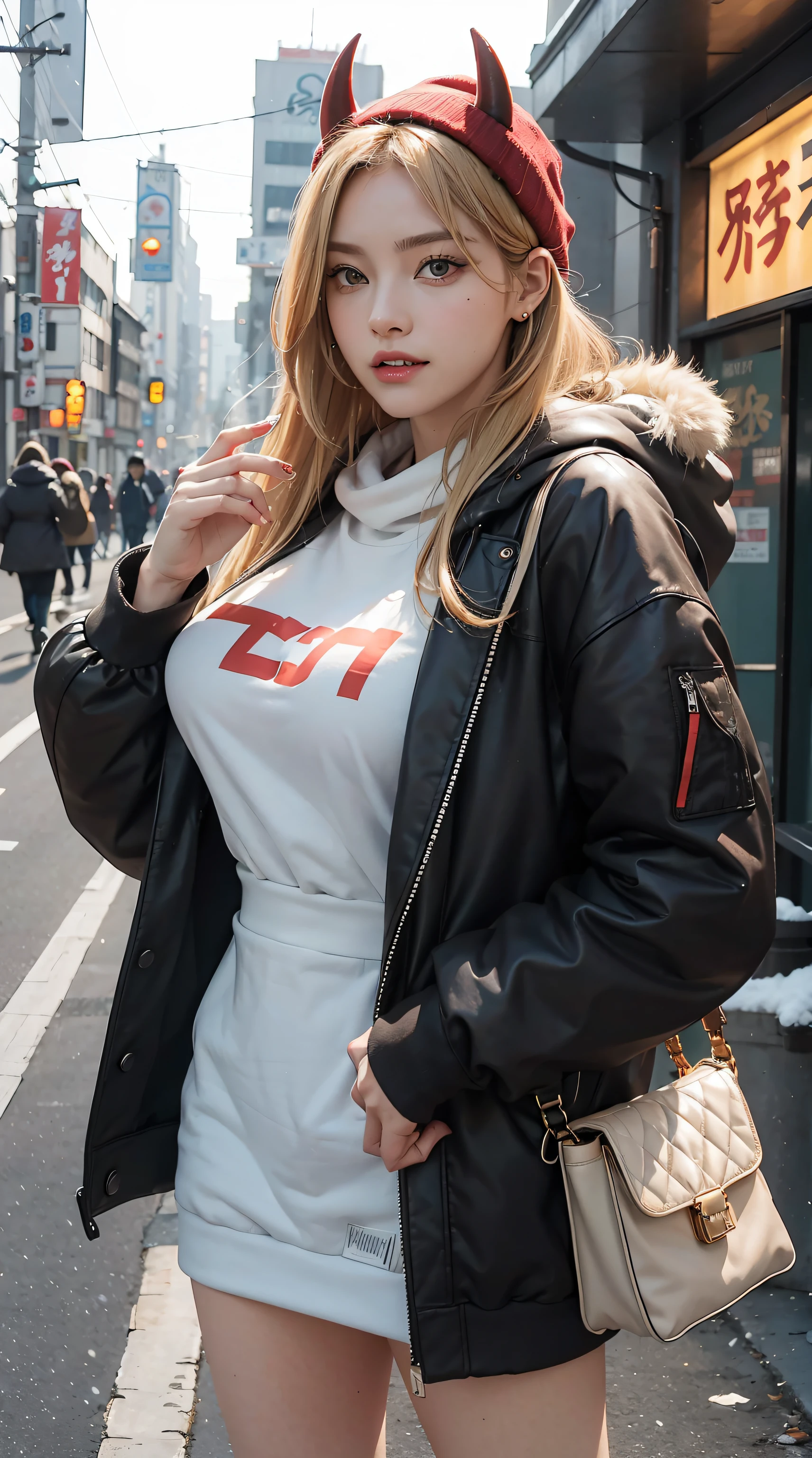power \(csm\), sharp teeth, blonde hair, red horns, yellow eyes, beautiful, beautiful woman, perfect body, perfect breasts, wearing a beanie, wearing a winter jacket, wearing a duffle coat, carrying a bag, wearing a watch, wearing earrings, in public, creatures in tokyo city, being on the street, snow on the street, it's snowing, looking at the viewer, a slight smile, realism, masterpiece, textured leather, super detailed, high detail, high quality, best quality, 1080p, 16k