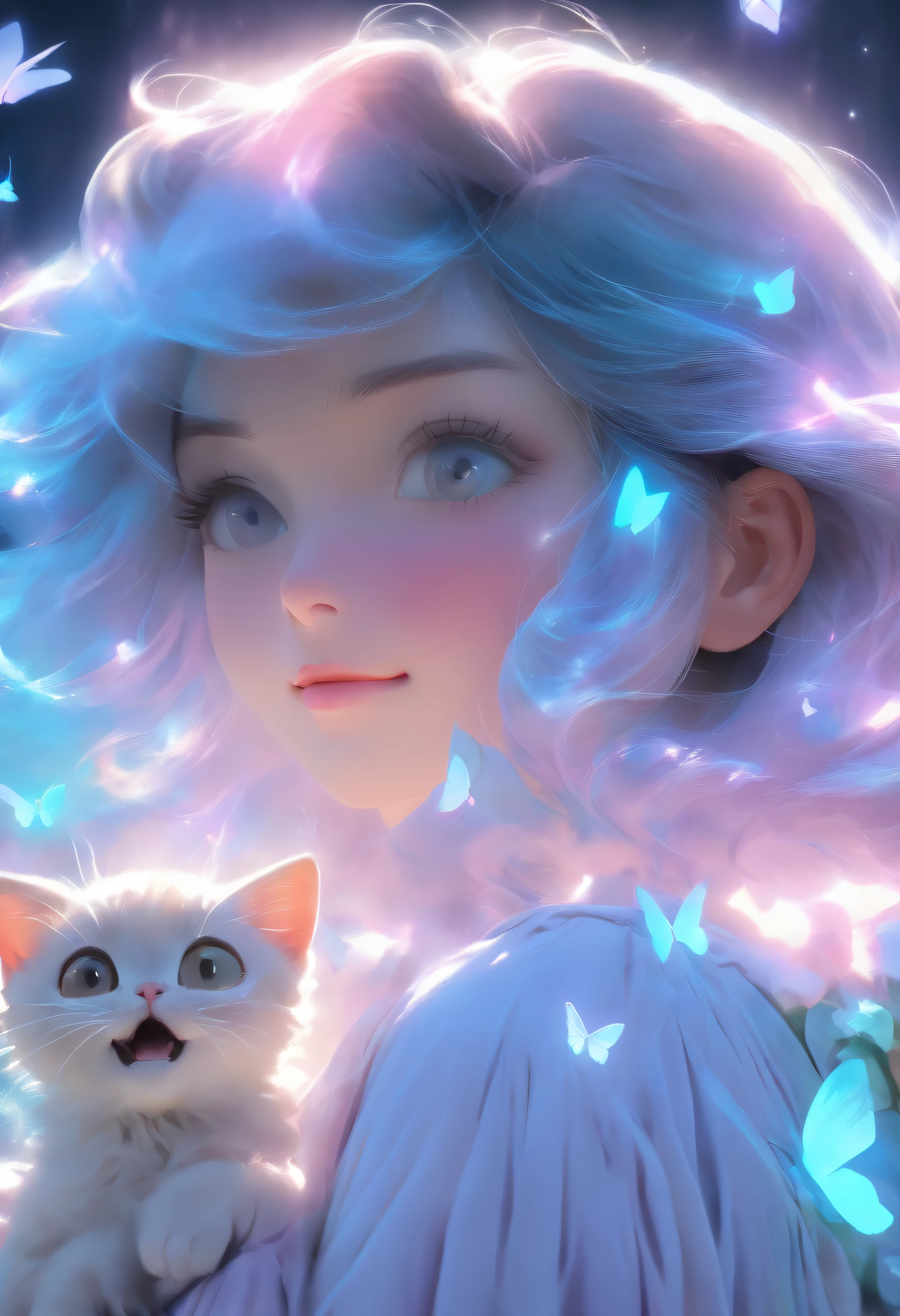 detail, Realism, 4K, Beautuful Women, facial detailing, big eyes with brown eyes, Plump lips, Upturned nose, Purple hair and gray hair, Wearing a light blue dress, Cat in his hands, Blue moonlight background, White butterfly in the foreground, Realistic shooting, depth of fields, Soft front light, Glow, nffsw ，（zoomout：1.8），medium shot，(PastelColors: 1.2), Canon RF 100mm f2.8L 宏 IS USM