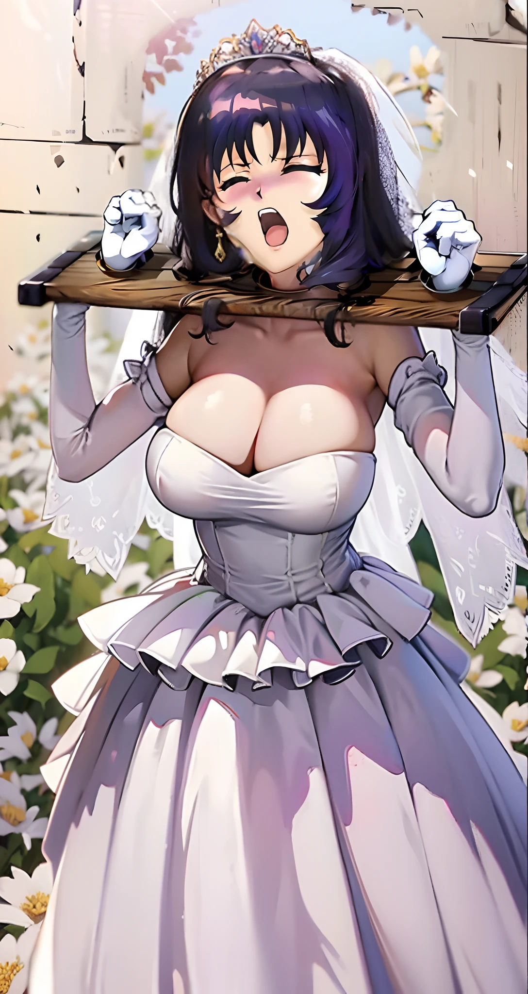 Close-up of a beautiful bride wearing a beautiful wedding dress, Gurwitz,(Pillory:1.5), (flail:1.2), flail on the head, flail on the hands,(bridal veil: 1.5), (transparent short veil: 1.5), flushed face, head flower, tiara, Very detailed princess wedding dress,(tube wedding dress: 1.5), (silk dress: 1.2 ), (strapless wedding dress: 1.5), (floor length skirt:1.2), pure white dress,white long skirt, necklace, earrings, (huge breasts: 1.3), deep V heart-neck wedding dress, bangs, lipstick, (lace gloves: 1.3), high detail RAW Color art,
