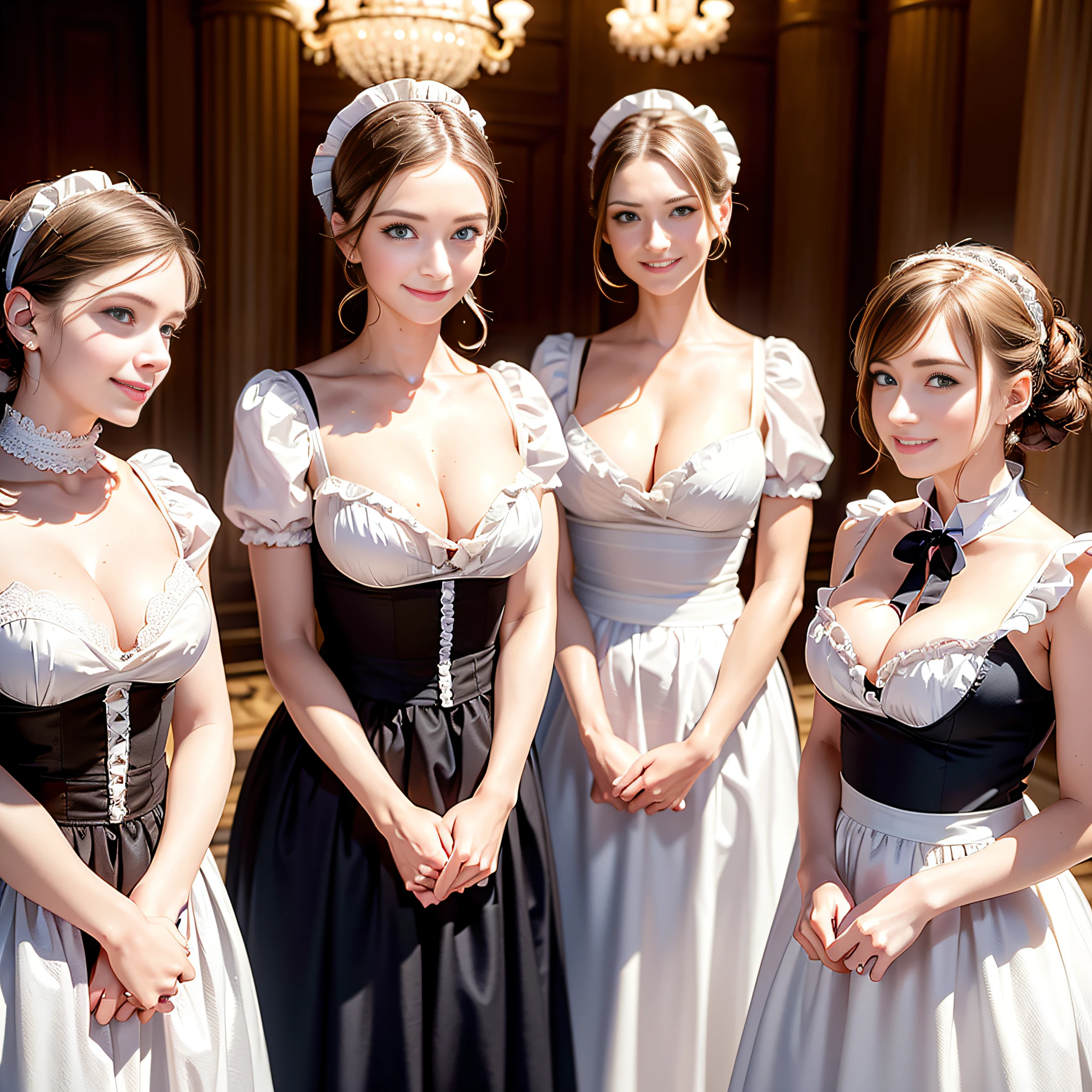 (Masterpiece, 16k, photorealistic, gentle lighting, super realistic, raw photo, highly detailed), ((Victorian maids line up, long skirt, Victorian maid costume:1.2, smiling, extremely beautiful face)), luxury royal lobby, detailed face, cute face, attractive feminine body, young girls:1.4, cleavage, beautiful smile, full body, sedutice eyes, (side shot:1.2),