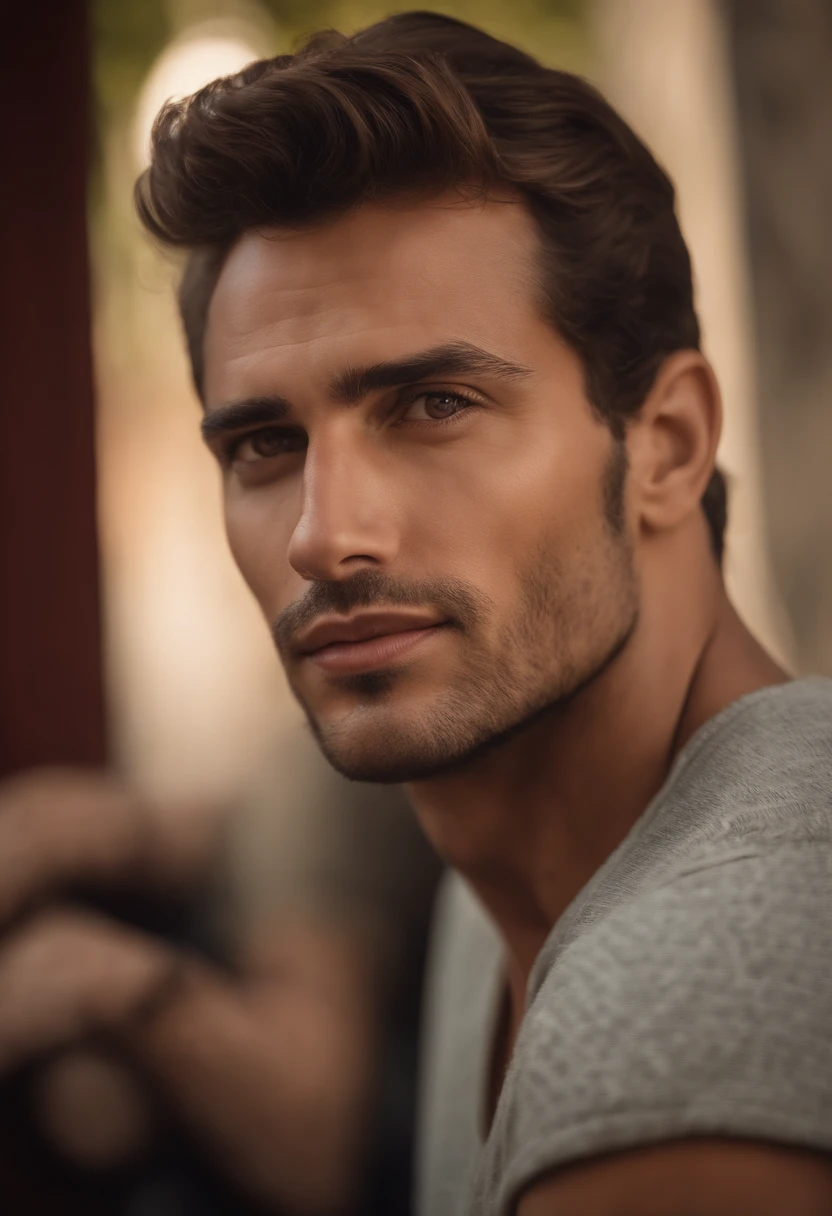 (best quality,Altas),jovem sentado,(Realistic,fotorrealista:1.37),Detailed face and expression,olhos gentis,sorriso sutil,Classic portrait style,tons de cores quentes,Smooth and uniform lighting,roupas detalhadas,calm and peaceful atmosphere, segurando uma cerveja, not very muscular, em um pub tradicional