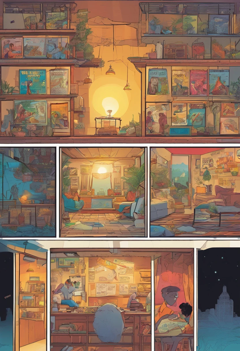 American comics, The comic story is presented in multiple irregular colored panels. Students learn about sleep,Scenes of sleep,Scenes of sleep disorders,biological clock,dream. The style is exaggerated and meticulous