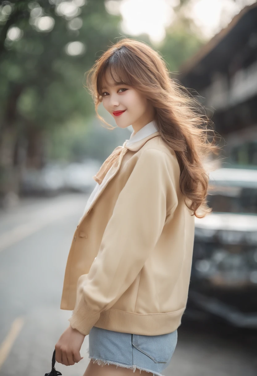 Photo Real、photoRealstic、top-quality　
Black long-haired、Lots of bangs、Hair bouncing outward、bouncing hair、Messy bouncing hair、beret、wetting hair、Drenched hair　The contours of the face are round、small mouth、a small face、drooing eyes、big eye、a baby face、Beautiful skin　Apron Dresses、Clothes with a collar、Clothes made of sheer fabrics、White miniskirt、a miniskirt、Skirt above the knee、
独奏、sixteen years old、153cm、hi-school girl、young body、skinny  body、Beautiful skins、Laughing、Laughing expression、Facial expressions to enjoy、Taking a selfie in front of the mirror using a smartphone