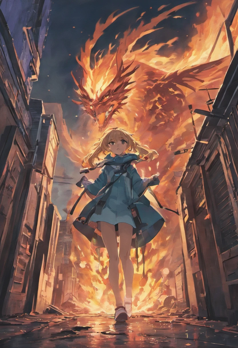 There is a big moon in the sky,(There's a monster destroying the city 1.5),ruins everywhere,It's still on fire,A guy is protecting a girl