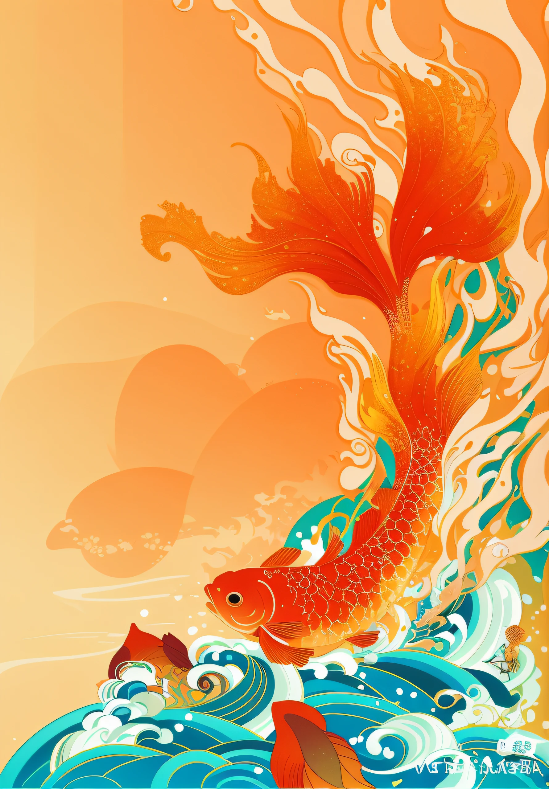 there is a fish that is swimming in the water, A beautiful artwork illustration, koi fishes, victo ngai style, an illustration of inspired by Victo Ngai, Japanese style painting, Koi, jen bartel, wallpaper art, Adobe Illustrator Art, victo ngai fine texture, Exquisite digital illustration, Japanese art style, background artwork, floating koi fish, Stylized digital illustration