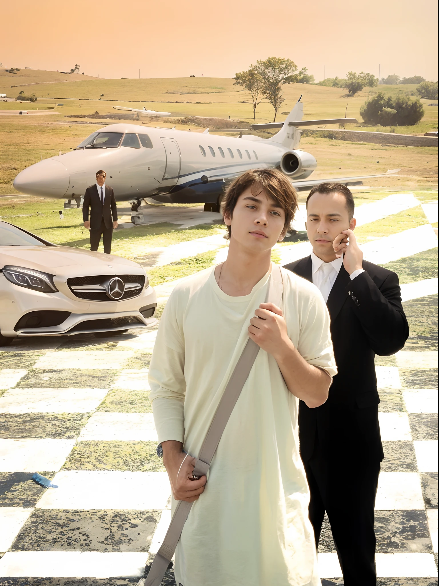 A boy in airport, private plane, bodyguards, mercedes car, tiles on the ground, short messy hair