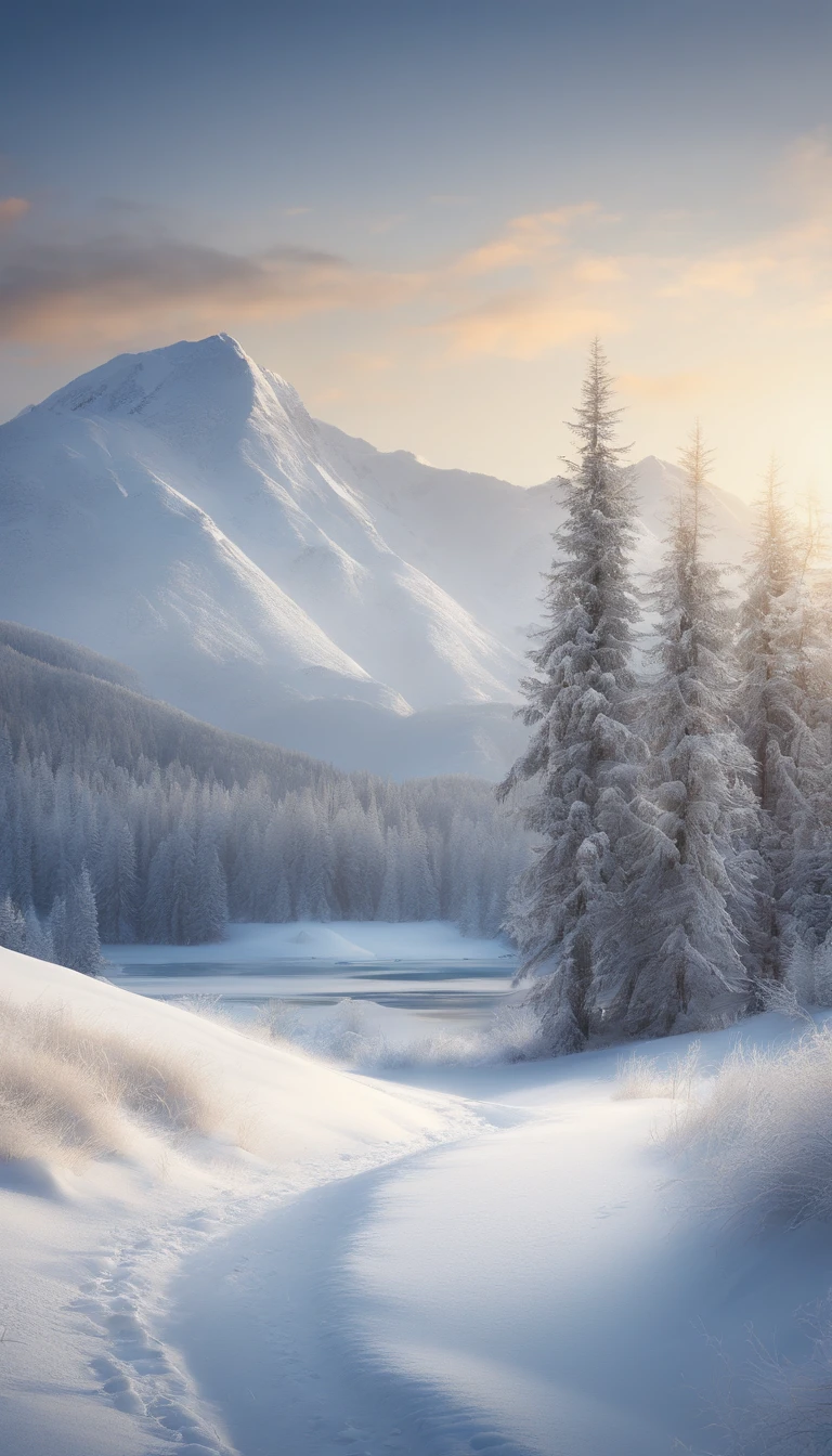 (Best quality,4K,8K,A high resolution,Masterpiece:1.2),Ultra-detailed,(Realistic,Photorealistic,photo-realistic:1.37),Winter theme,landscape,Refreshing and cool color,soft and warm lighting,Icy atmosphere,golden rays of sunlight,Icy reflections,Snow-covered mountains,Sparkling snowflakes,Evergreen tree,Melting icicles,Tranquil lake,Peaceful silence,Gentle breeze,A touch of magic,Nostalgia,Artistic brushstrokes,subtle texture,Fine details,Detailed foreground elements,Sublime horizons,Prominent perspectives,Vibrant brushstrokes,Layered composition,Vivid winter tones,Carefully crafted balances,A sense of dramatic depth,Tranquil winter scene,Ethereal beauty,A classic winter wonderland,Vibrant winter fantasy,Skillful craftsmanship,Superb artistry,Fascinating winter stories,Superb use of light and shadow,Dreamlike atmosphere,Elegant movement in the wind,One with nature,An alluring sense of adventure,Majestic and intimate,Winter hugs,Instantly frozen in time,In the distance, there is a vague figure of a person's back