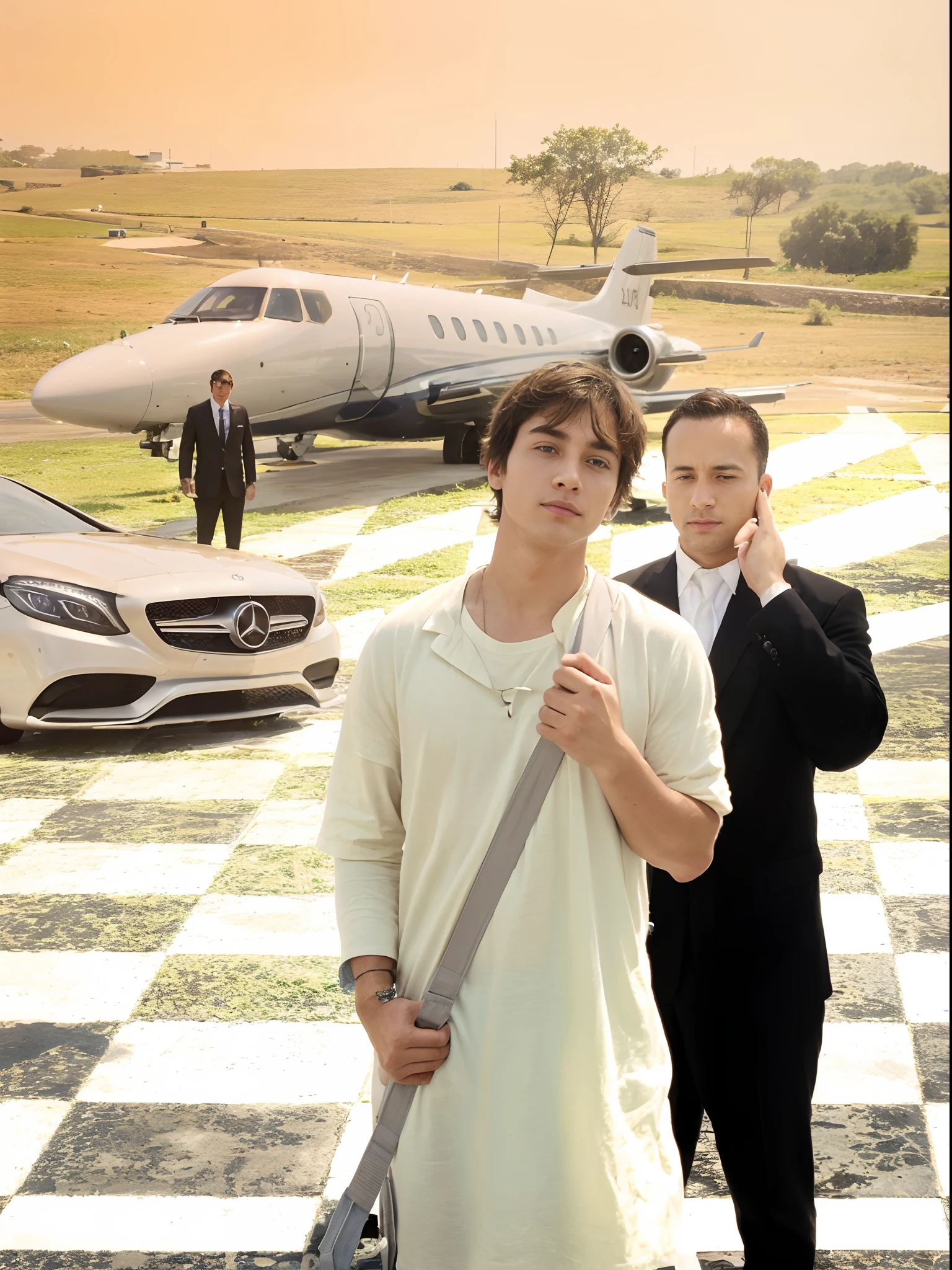 A boy in airport, private plane, bodyguards, mercedes car, tiles on the ground, short messy hair