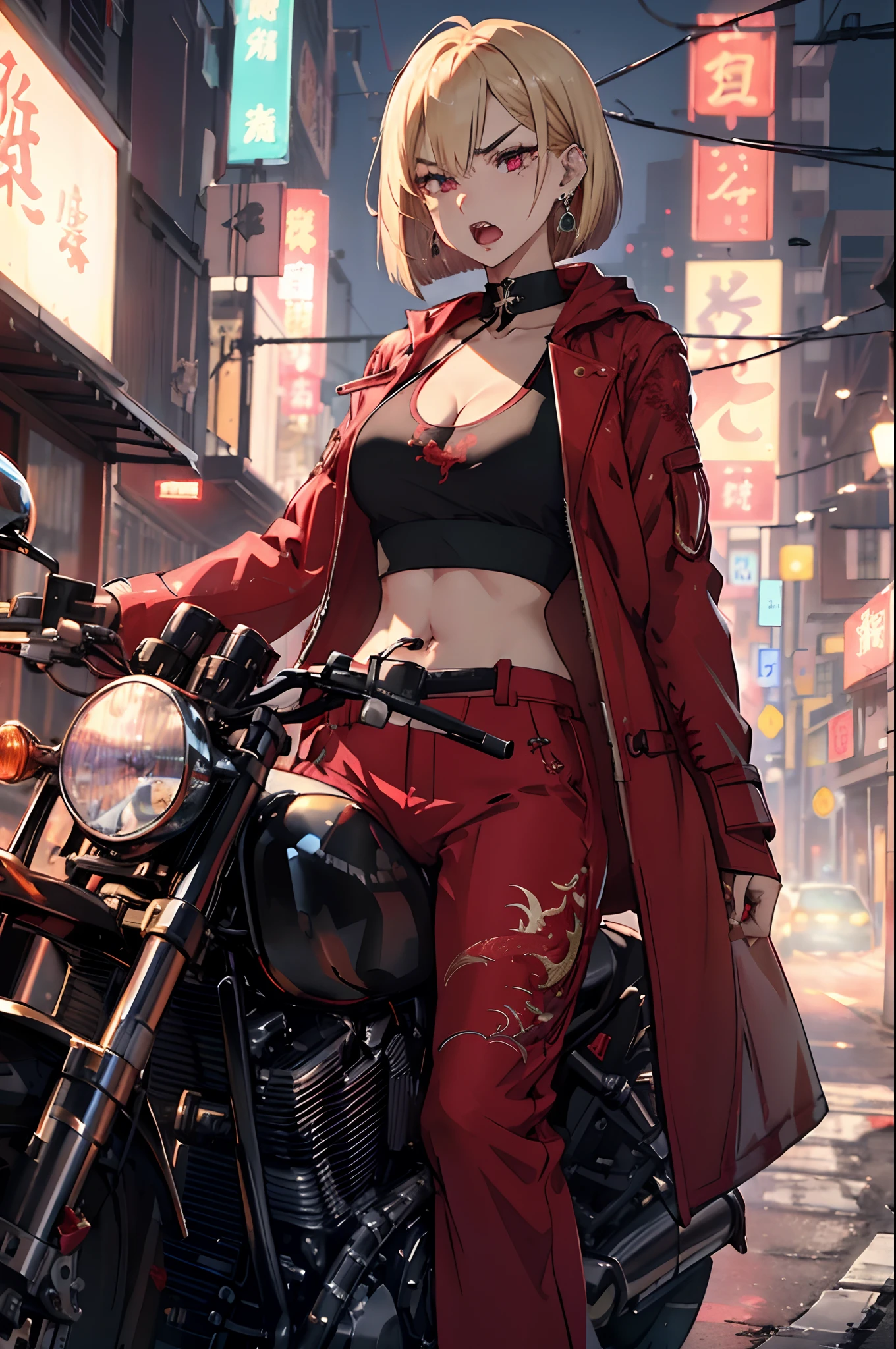 (​master piece:1.4),ultra-quality, Hyper Detailed,Perfect drawing,3D Photography,16K illustrations、(((clearface)))、((Hi-Res))、1 persons、femele、(((Riding a motorcycle)))、(((a blond)))、(((a short bob))),The tattoo、(((Whitening skin)))、((Violet lipstick))、(Raised corners of the eyes)、((Outrage:1.1))、((chin raised))、(((opens his eyes wide)))、((despise:1.2)),((glares:1.2))、((Big open mouth:1.2))、(((Shout loud:1.3)))、((Wrinkles between the eyebrows))、(numerous piercings in the ears), BREAK (Red Theme:1.5), ((Red Outerwear, Oversized red pants, Red baggy pants): 1.4), (She wears a long red coat with dragon embroidery over a black tank top:1.5), ((cleavage, 鎖骨) :1.2), ((Navel, ankle):1.3), (Pump 1.2), (earrings:1.2), (Chinese charactersa, Chinese charactersa:1.2),((Old Style Motorcycle:1.3)),(scramble),((intersection))(((nocturnal)))、(Night)、in a street、(neon signs)、Bustling street、((Feeling of sprinting))、(((Dynamic Actions)))、Detailed drawing、(((Sense of speed)))
