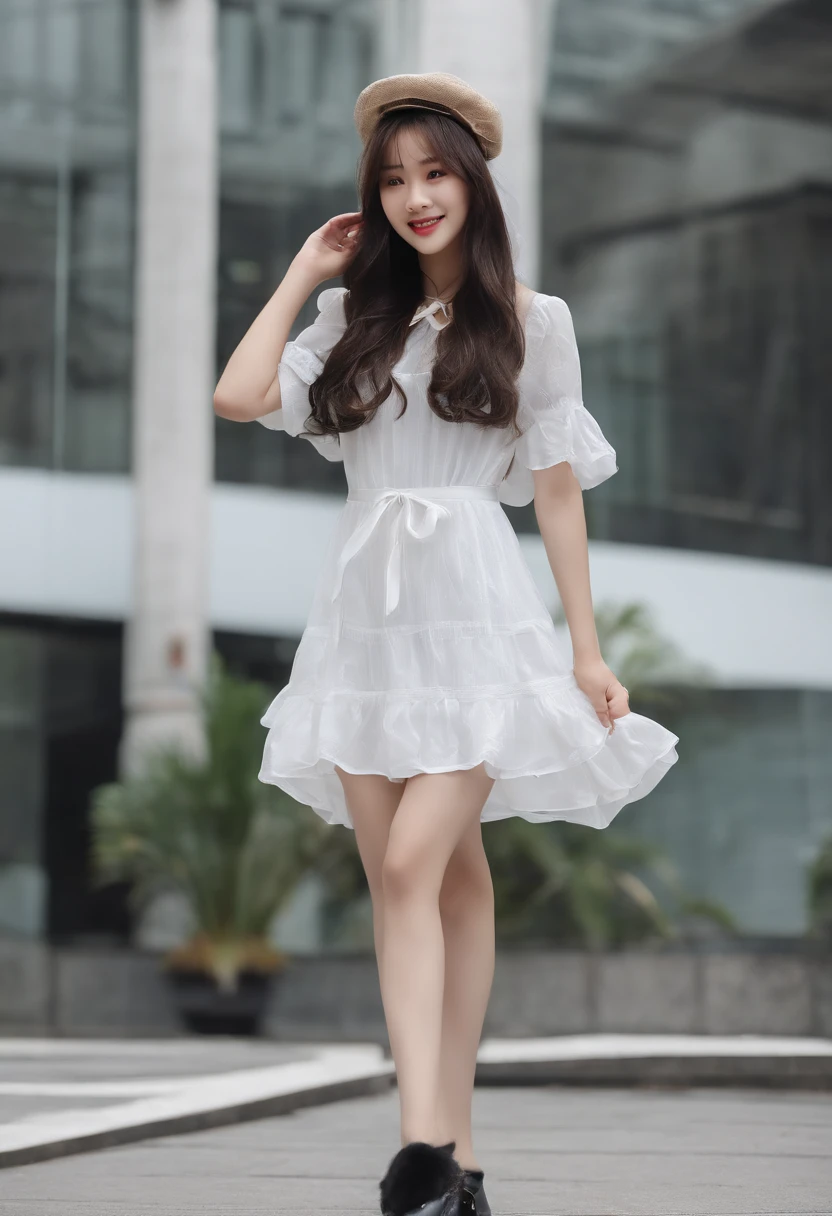 Photo Real、photoRealstic、top-quality
Black long-haired、Lots of bangs、Hair bouncing outward、bouncing hair、Messy bouncing hair、beret、wetting hair、Drenched hair The contours of the face are round、small mouth、a small face、drooing eyes、big eye、a 、Beautiful skin Apron Dresses、Clothes with a collar、Clothes made of sheer fabrics、White miniskirt、a miniskirt、Skirt above the knee、
独奏、sixteen yildish、小柄、young body、skinny body、Beautiful skins、Laughing、Laughing expression、Facial expressions to enjoy、Mirror arriving at the elevator、Taking a selfie in front of the mirror using a smartphone
