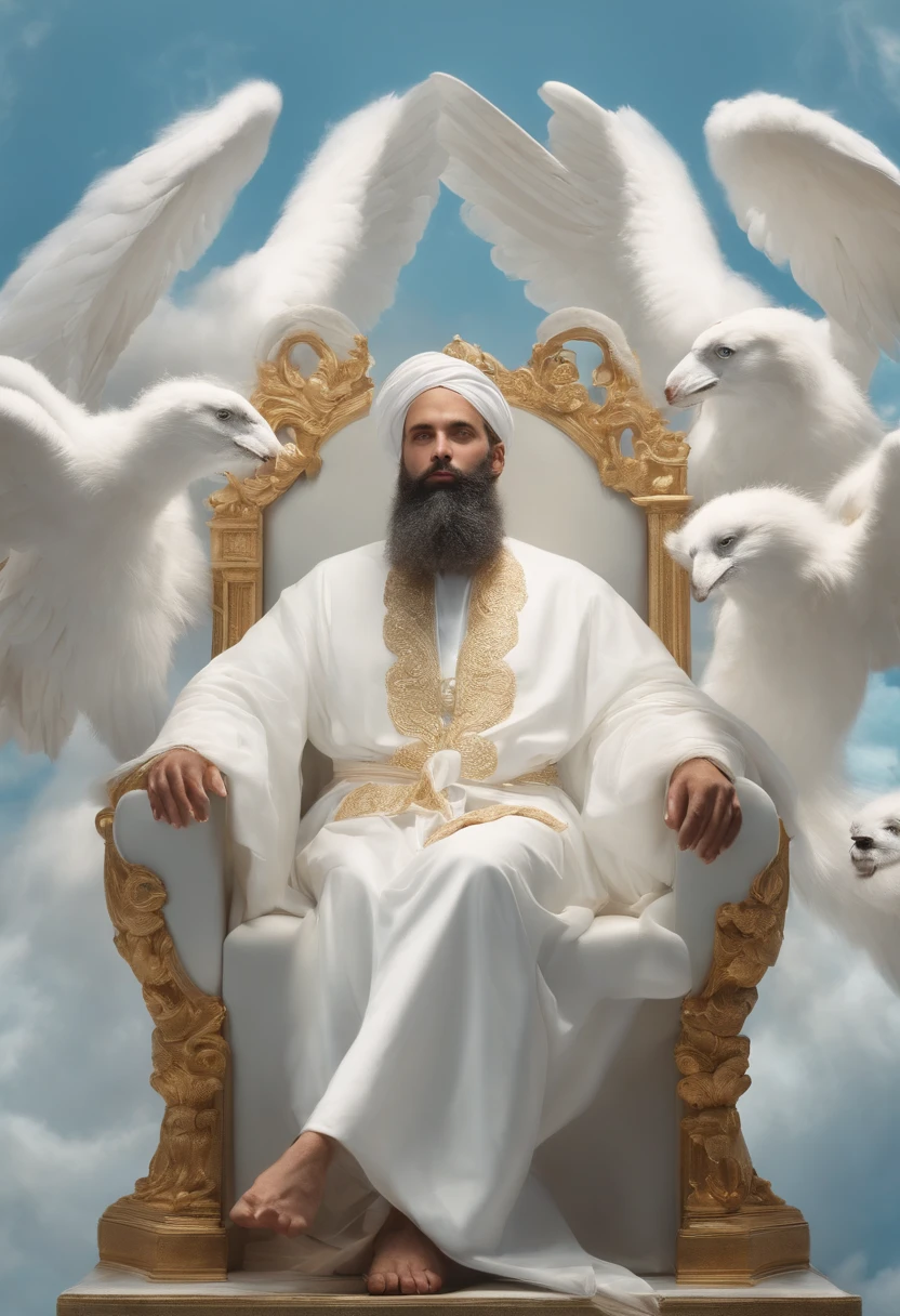 Un homme est assis sur un nuage, Surrounded by angels. He is dressed in a long white robe, et il a une barbe. The background is a light blue backdrop with white clouds