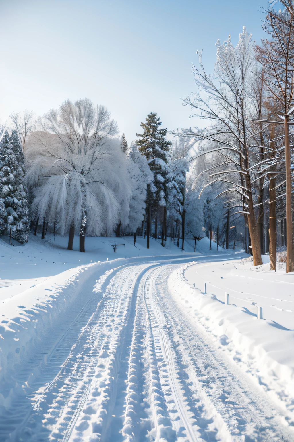 Sunny winter,Early morning in the snow,Heavy snow covered the entire ground,There are rime all around,One road has been cleared of snow