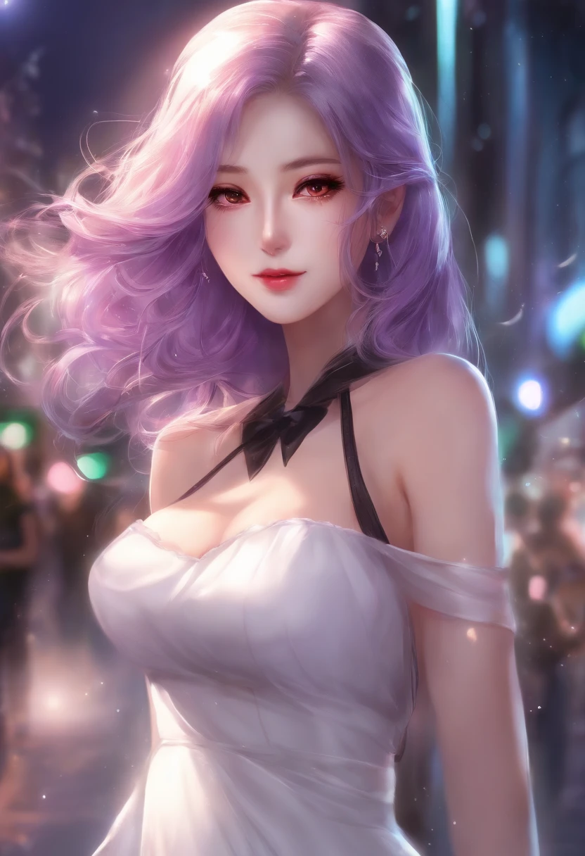 (best quality: 0.8), (best quality: 0.8), perfect anime illustration, close-up portrait of a beautiful woman walking around town very long purple hair huge breasts blush red eyes (((nsfw))) transparent white dress neon night city super detailed super detailed face bright eyes galaxy in eyes absurd 4k Full HD top on pixiv super well done red eyes download file huge areolas erect (love juice 1;4) absurdities