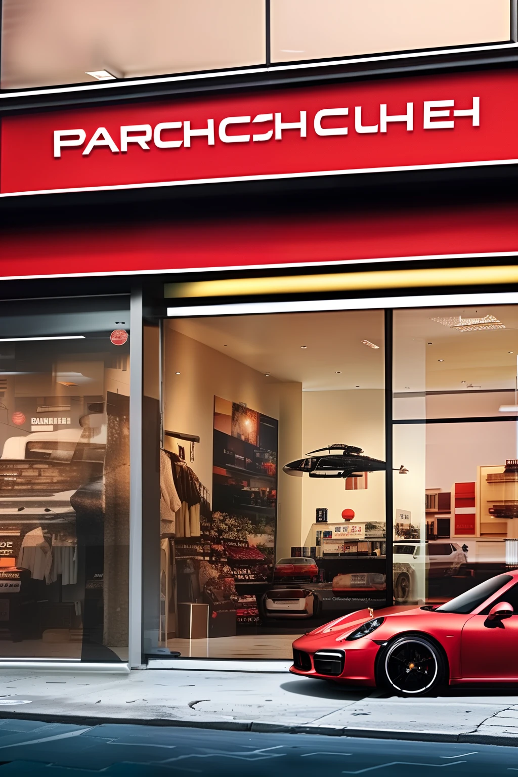 Porsche Paramela,Full car diagram,Black car,Single image,In the background is the entrance of the shop on the street,The name of the store is in traditional Chinese:Prince Dealership,Cartoonish,The license plate is a license plate in Guangdong, Hong Kong and Macao,