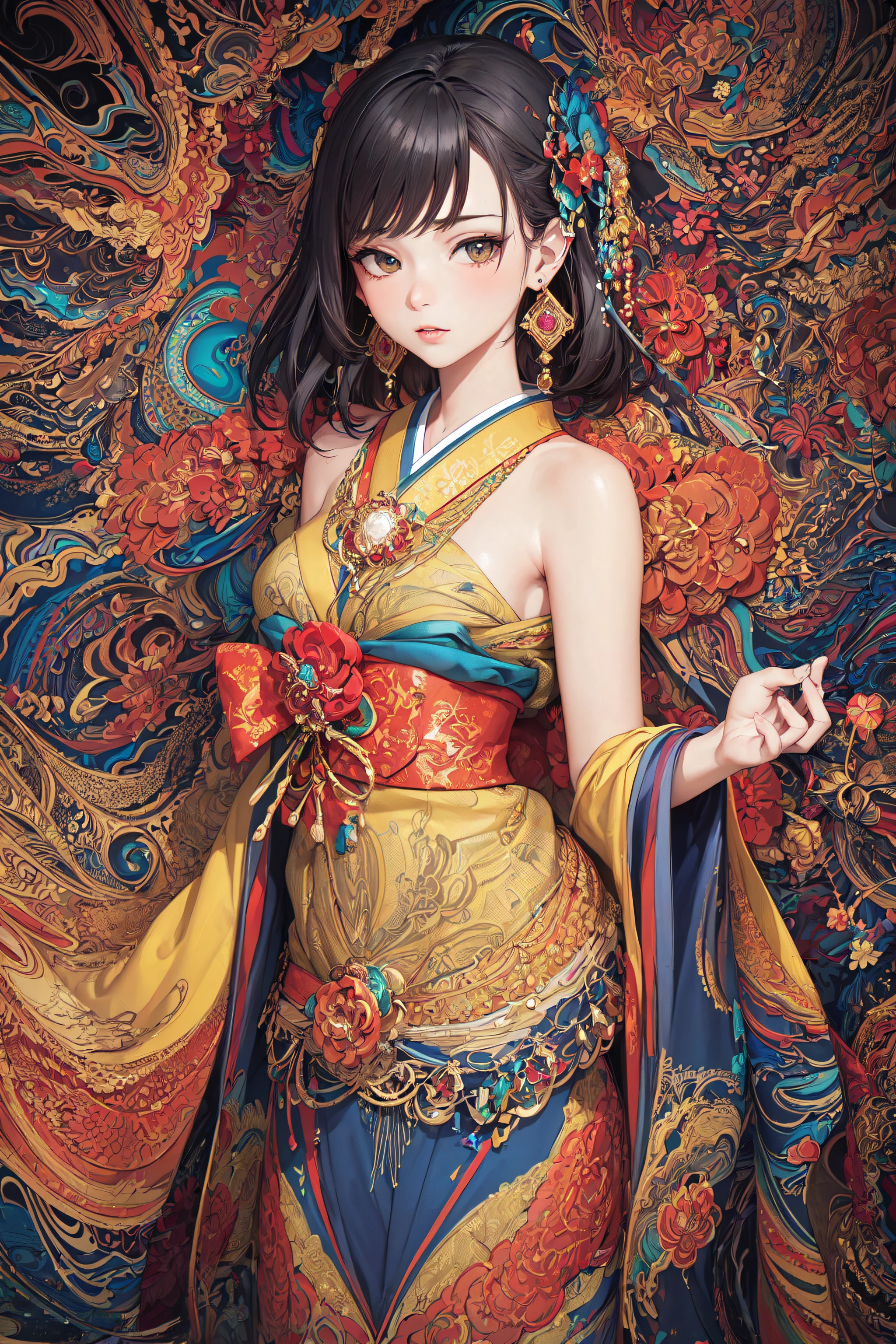 (masterpiece, top quality, best quality, official art, beautiful and aesthetic:1.2), (1girl:1.3), extremely detailed,(fractal art:1.1),(colorful:1.1),highest detailed,(zentangle:1.2), (dynamic pose), (abstract background:1.5), (japanese dress:1.2), (shiny skin), (many colors:1.4), ,(earrings:1.4),