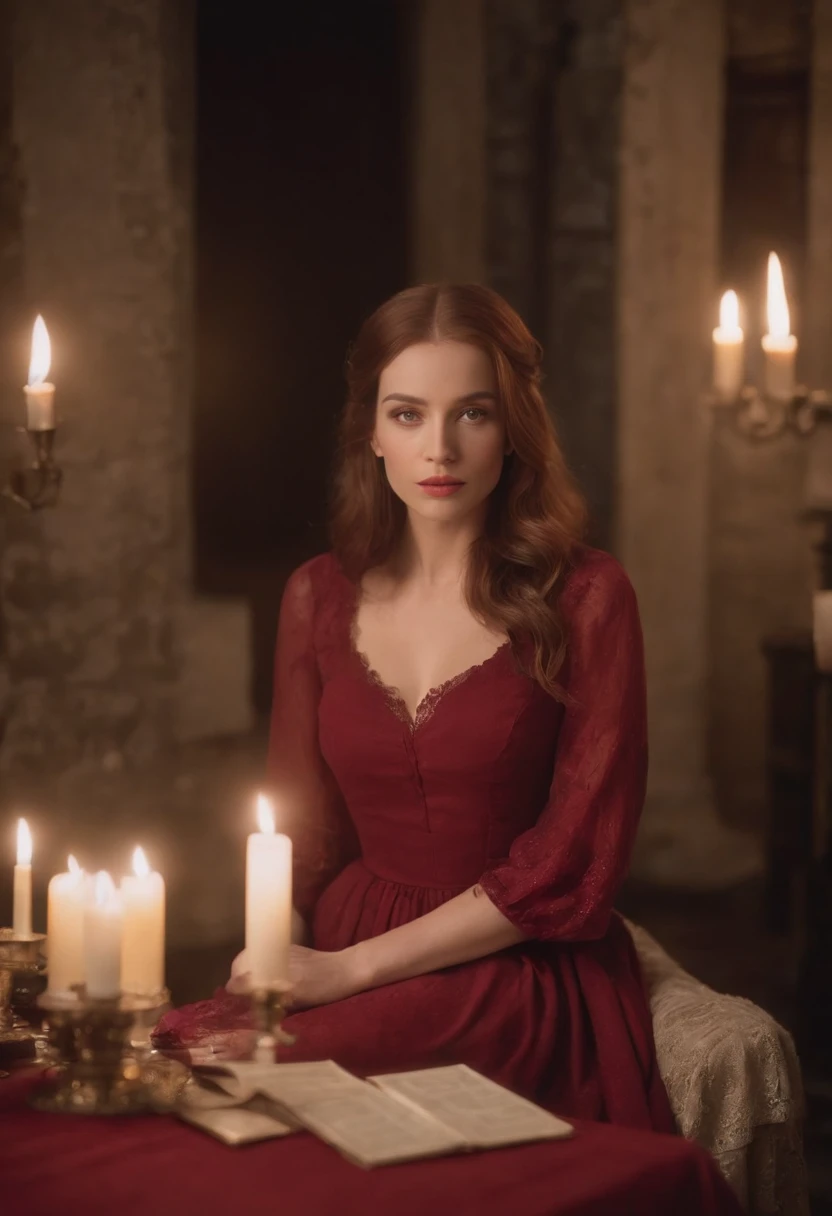 Her hair is red, her eyes are green, she's 1.75, she's wearing a red dress, she's sitting on a chair and the room is dark. There is only a candle light and she is standing under it. There are tarot cards on the table and it's very mystical.(Close-up Shot Shot:1.6),best qualtiy,f / 1 HD photography T bokeh,Depth of field Macro The atmosphere is sad