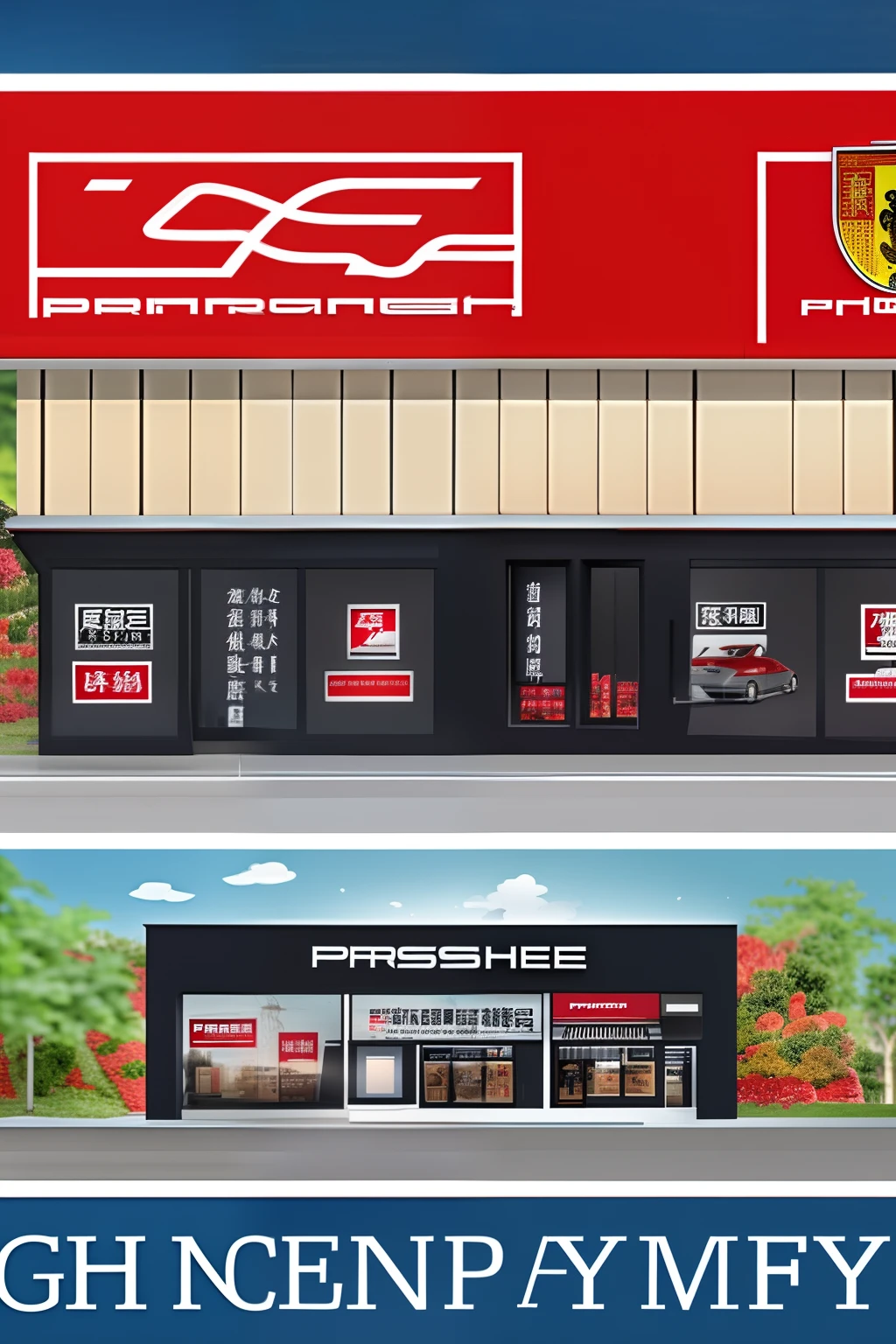 Porsche Paramela,Full car diagram,Black car,Single image,In the background is the entrance of the shop on the street,The name of the store is in traditional Chinese:Prince Dealership,Cartoonish,The license plate is a license plate in Guangdong, Hong Kong and Macao,
