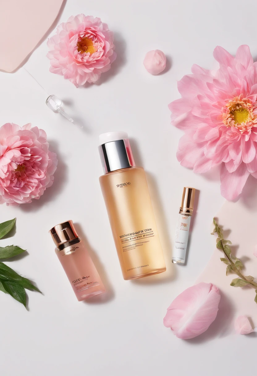 (Best quality,4K,8K,A high resolution,Masterpiece:1.2),Ultra-detailed,(Realistic,Photorealistic,photo-realistic:1.37),A close-up of a bottle of toner and a selection of flowers, Clean face and body skin, Skincare, skin care, Take a photo of your skincare brand, Product photography, professional product shot, products shot, products shot, product display photograph, professional product photo, products shot, Minimalist design, photo product, natural skin tones, Clean gloss, natural skin tones, miniature product photo
