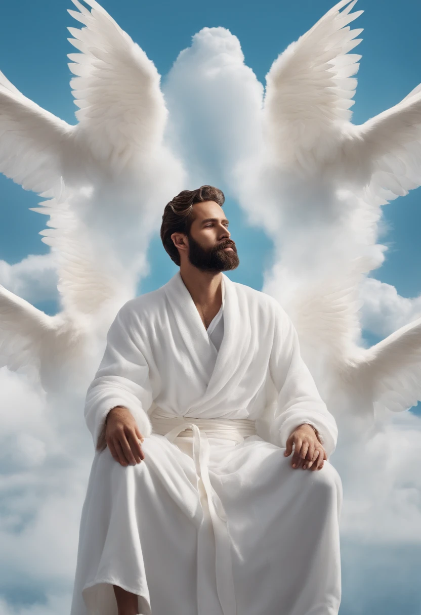 Un homme est assis sur un nuage, Surrounded by angels. He is dressed in a long white robe, et il a une barbe. The background is a light blue backdrop with white clouds, on ne voit pas son visage