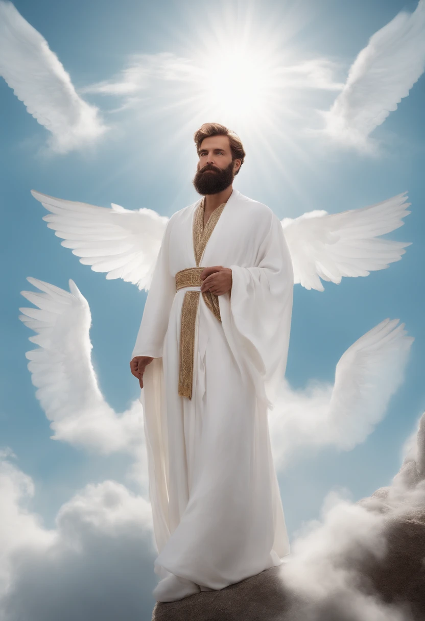 "Por favor, create a hyper-realistic photographic image that depicts the moment when the angel Gabriel communicates to John, dressed in Muslim costumes from the time of the Roman Empire and with his hair covered, que ele cresceria como um homem justo e se tornaria um profeta de Deus. The angel reveals that John's role would be to teach about Jesus Christ.

Na cena, John expresses a countenance of happiness and acceptance in the face of the divine mission entrusted to him. The photography is extremely realistic, with specular illumination, volumetric facial light and visible shadows, destacando detalhes intrincados. The image is elaborate and hyper-realistic, transmitting not only the cultural richness of the time, but also the spiritual importance associated with the biblical narrative. The scene captures John's determination and serenity in the face of God's call to teach about Jesus Christ."