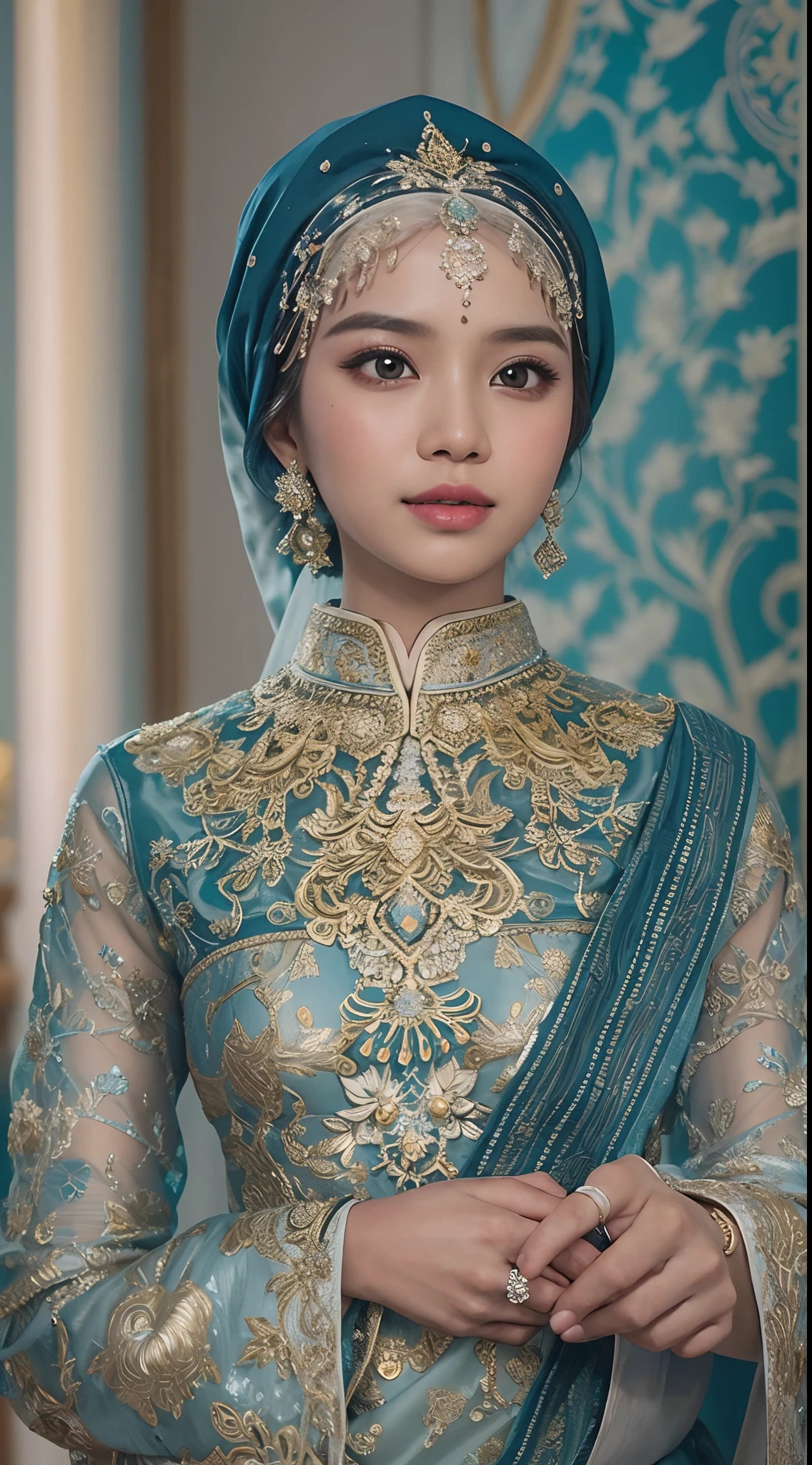 Capture the beauty of a Malay bride dressed in a resplendent traditional songket wedding attire. The bride, adorned in a stunning blue songket kebaya or baju kurung, wears a blue hijab with intricate embroidery and gold or silver threads. Ensure the songket fabric showcases its rich and intricate patterns, and accentuate the bride's jewelry and accessories. Create soft, warm lighting that enhances the details of the attire and conveys the elegance and cultural significance of the moment. The background should reflect the ambiance of a traditional Malay wedding ceremony, style raw, pastel color grading, Super 8mm lense, Extreme close-up, Deep Focus cinematography effect.