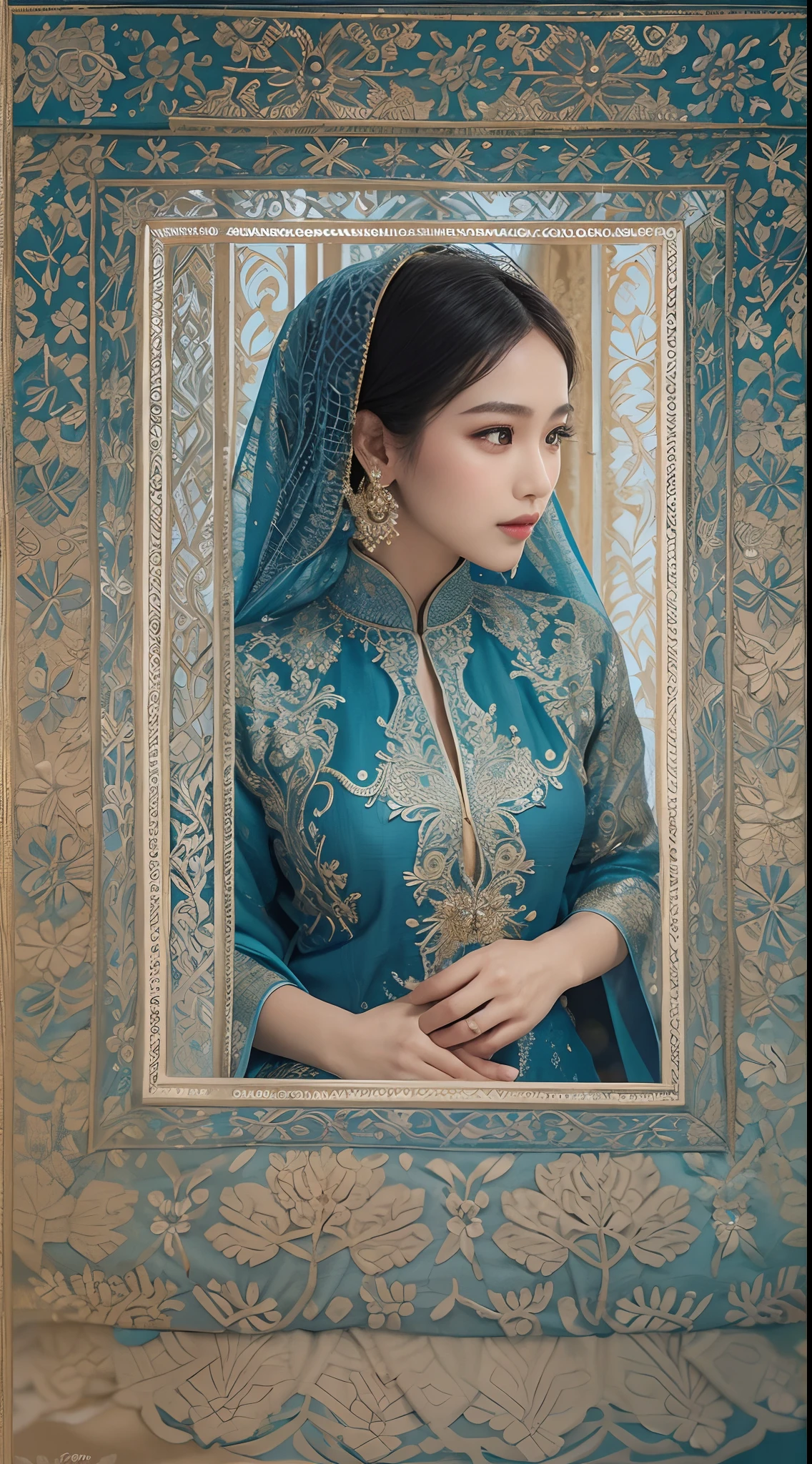 Capture the beauty of a Malay bride dressed in a resplendent traditional songket wedding attire. The bride, adorned in a stunning blue songket kebaya or baju kurung, wears a blue hijab with intricate embroidery and gold or silver threads. Ensure the songket fabric showcases its rich and intricate patterns, and accentuate the bride's jewelry and accessories. Create soft, warm lighting that enhances the details of the attire and conveys the elegance and cultural significance of the moment. The background should reflect the ambiance of a traditional Malay wedding ceremony, style raw, pastel color grading, Super 8mm lense, Extreme close-up, Deep Focus cinematography effect.