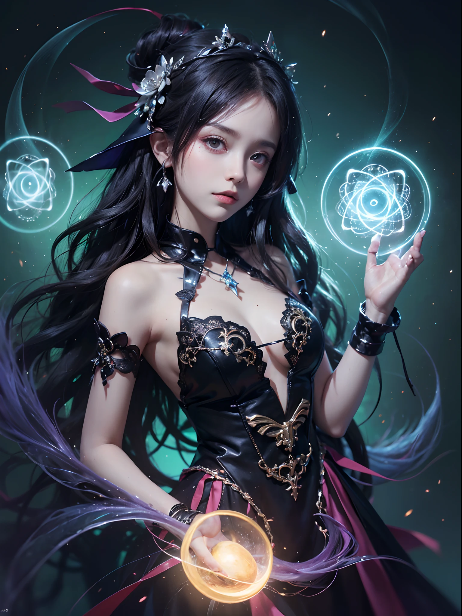 1girl in, (witchcore, witchcraft, pagan, Mystical, Nature, occult) , magician, spell magic, Magic Circle, ((magic in hand)),(masutepiece, Best Quality:1.4),(absurderes, hight resolution, ultra-detailliert:1.2),(using dark magic:1.4), imaginative overlays, artistic fusion,fantastical scenes, evocative narratives, striking visuals, Upper body ,(((Best Quality))),(((ultra-detailliert))),(((masutepiece)))