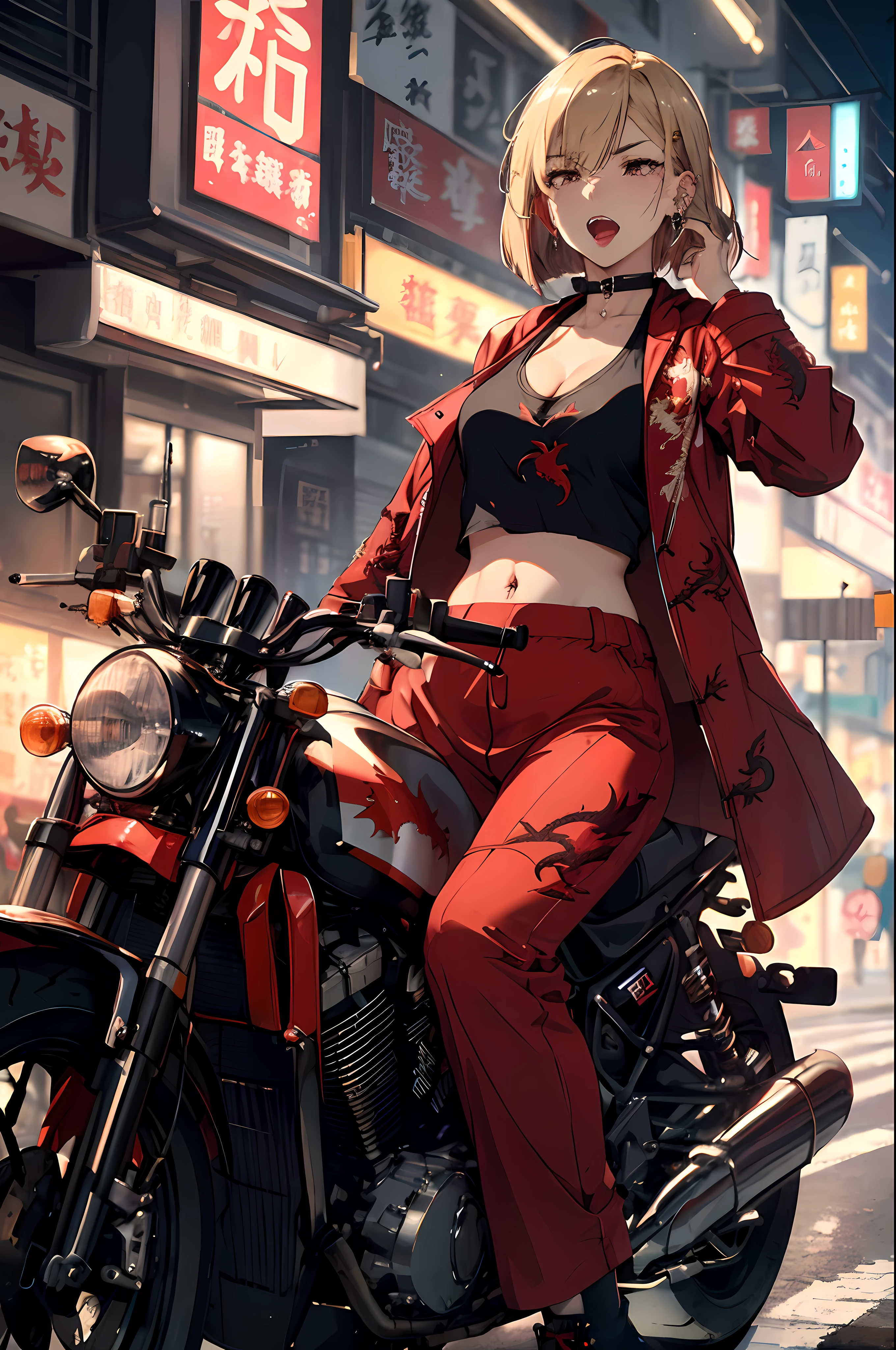 (master piece:1.4),ultra-quality, Hyper Detailed,Perfect drawing,3D Photography,16K illustrations、(((clearface)))、((Hi-Res))、1 persons、femele、(((Riding a motorcycle)))、(((Wheelie)))、((Lift the front wheel))、((Runs only on the rear wheels))、(((Placing the center of gravity on the rear wheels)))、(((a blond)))、(((a short bob))),The tattoo、(((Whitening skin)))、((Violet lipstick))、(Raised corners of the eyes)、((Outrage:1.1))、((chin raised))、(((opens his eyes wide)))、((despise:1.2)),((glares:1.2))、((Big open mouth:1.2))、(((Shout loud:1.3)))、((Wrinkles between the eyebrows))、(numerous piercings in the ears), BREAK (Red Theme:1.5), ((Red Outerwear, Oversized red pants, Red baggy pants): 1.4), (She wears a long red coat embroidered with a dragon over a black tank top:1.5), ((cleavage, 鎖骨) :1.2), ((Navel, ankle):1.3), (Pump 1.2), (earrings:1.2), (Chinese charactersa, Chinese charactersa:1.2),((Old Style Motorcycle:1.3)),((Cruiser Bike:1.2)),((high speed))、(((nocturnal)))、(Night)、in a street、((neon signs))、Highway、building、((Feeling of sprinting))、(((Dynamic Actions)))、Detailed drawing、((Sense of speed))