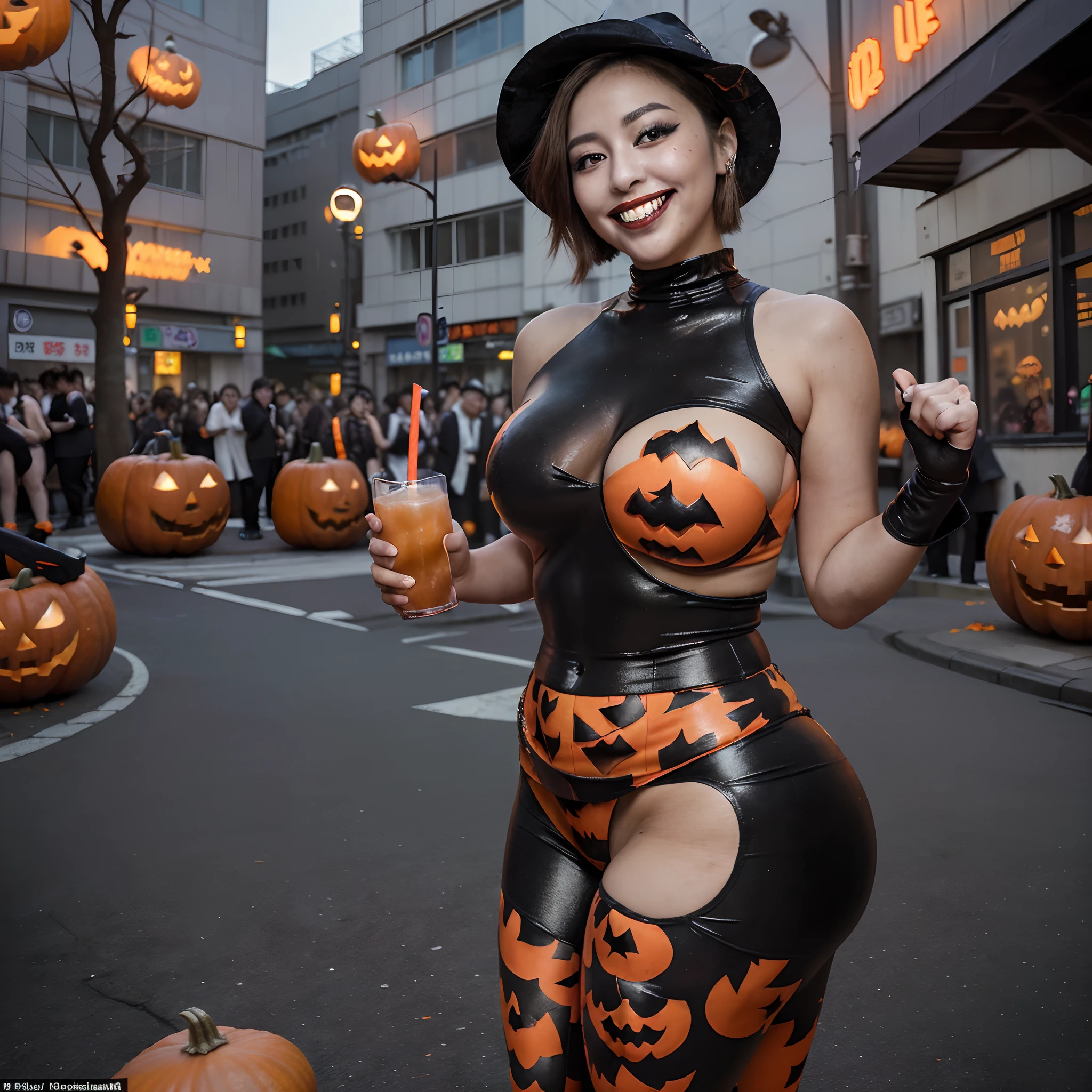 (masterpiece:1.4, best quality:1.4), Capture the allure and excitement of a daytime Halloween event in Tokyo with a (sexy, beautiful Japanese woman:1.3) as the centerpiece of the artwork.

- Appearance: The woman is depicted with (voluptuous curves and a thick physique:1.3), showcasing her (confidence and allure:1.2). Her facial features are finely crafted, with (big expressive eyes, a small nose, and plump lips:1.2). She exudes beauty and a (sensual charisma:1.1).

- Clothing: She is dressed in (tight-fitting, Halloween-themed clothing:1.3) that complements her physique and enhances her curves. The outfit is both (provocative and tasteful:1.2), with attention to (detail and thematic elements:1.1) that resonate with the Halloween spirit.

- Setting: The scene is set in the heart of Tokyo during the day, amidst a bustling crowd of people celebrating Halloween. The background features (iconic Tokyo landmarks and vibrant street decorations:1.3), capturing the (energy and excitement:1.2) of the city.

- Atmosphere: The atmosphere is festive and lively, with (bright colors and dynamic lighting:1.1) that reflect the joy of the event. The woman is in her element, (engaging with the crowd and enjoying the festivities:1.2).

- Additional Details: Ensure that there are (Halloween decorations and props:1.2) in the scene, such as pumpkins, cobwebs, and other thematic elements. The woman could be holding a (festive drink or a Halloween treat:1.1), adding to the celebratory vibe.

- Pose and Expression: She strikes a (confident and playful pose:1.2), with a (captivating smile and engaging eyes:1.3) that draw the viewer into the scene. Her posture and expression reflect her enjoyment of the event and her confidence in her appearance.