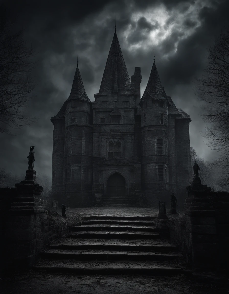The scorching sun fades into the clouds，This mysterious manor is like being driven by some force，It sheds its barren face，Put on the glamorous tulle again。The old and dilapidated hall has been restored to its original appearance，The majestic ancient Cerberus sculpture resembles a faithful slave，Quietly guard the gate that leads to the depths of the castle。Midnight lightning and thunder roared, shouts were heard from the medieval cathedral, bare teeth, and bright red blood flowed from the cracks in the doors