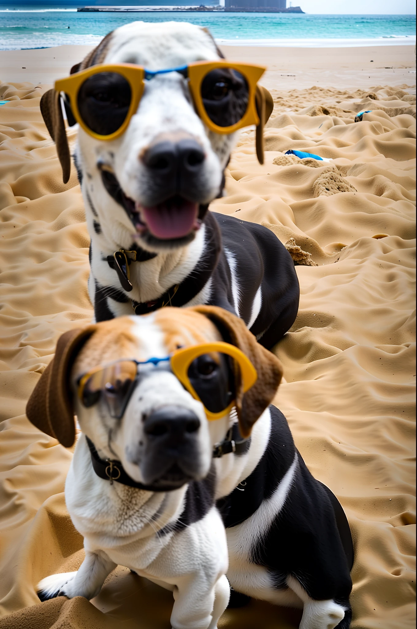Cachorro caramelo usando oculos de sol, sentado em uma praia ao lado de um castelo de areia.